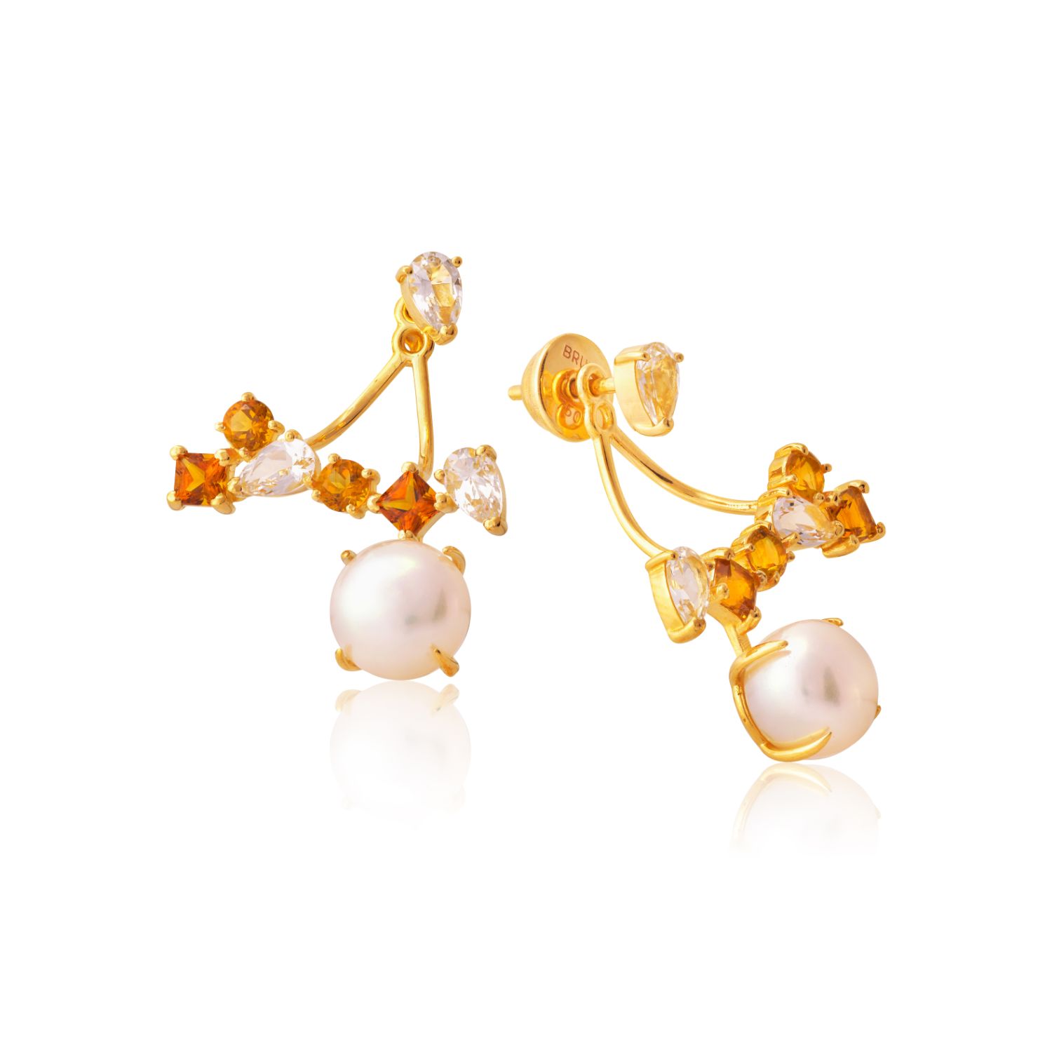 BRINCO OURO AMARELO 18K COM TOP. BRANCO PEROLA BOTÃO BRANCA E CITRINO