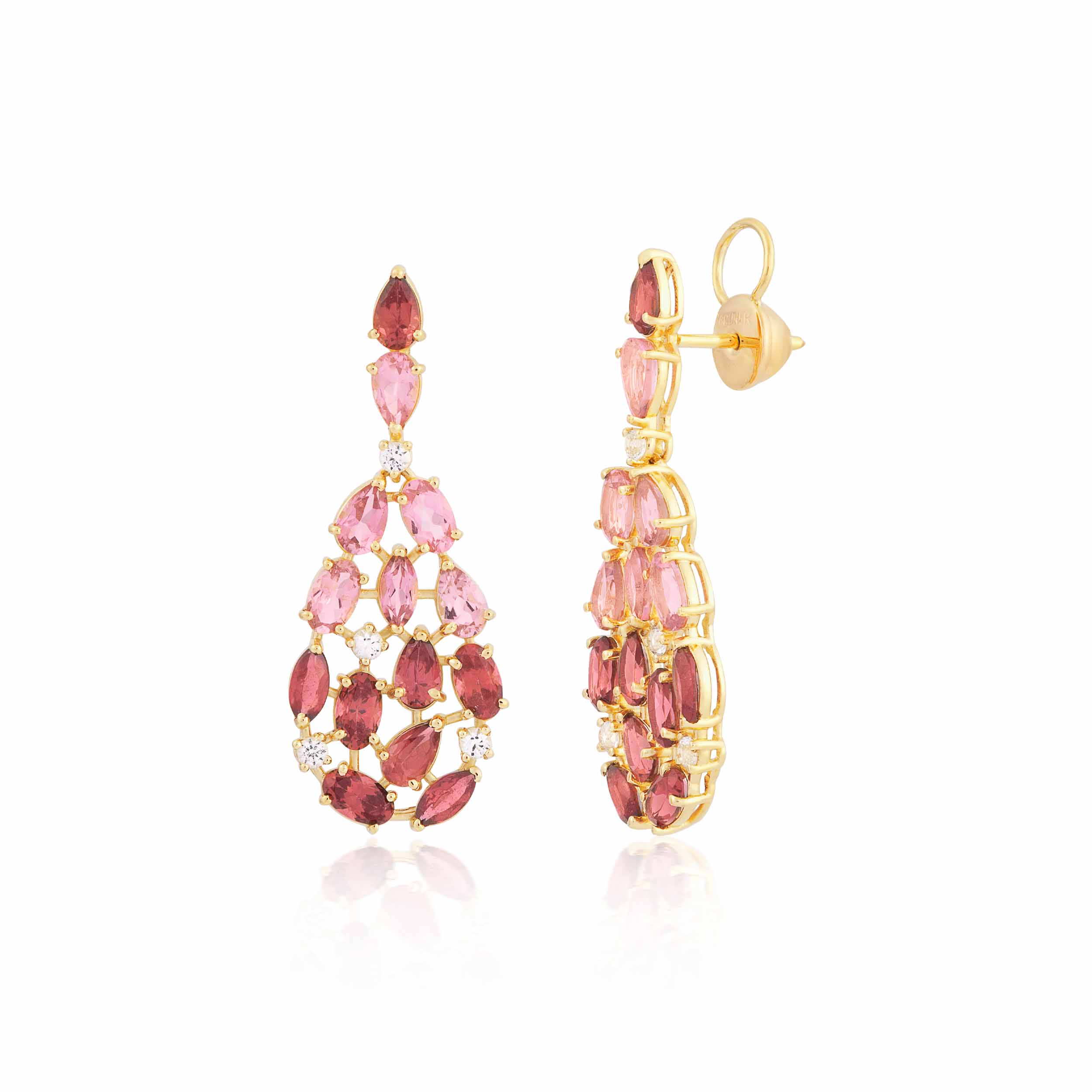 BRINCO OURO AMARELO 18K COM TOP.BRANCO RODOLITA E TURM.ROSA