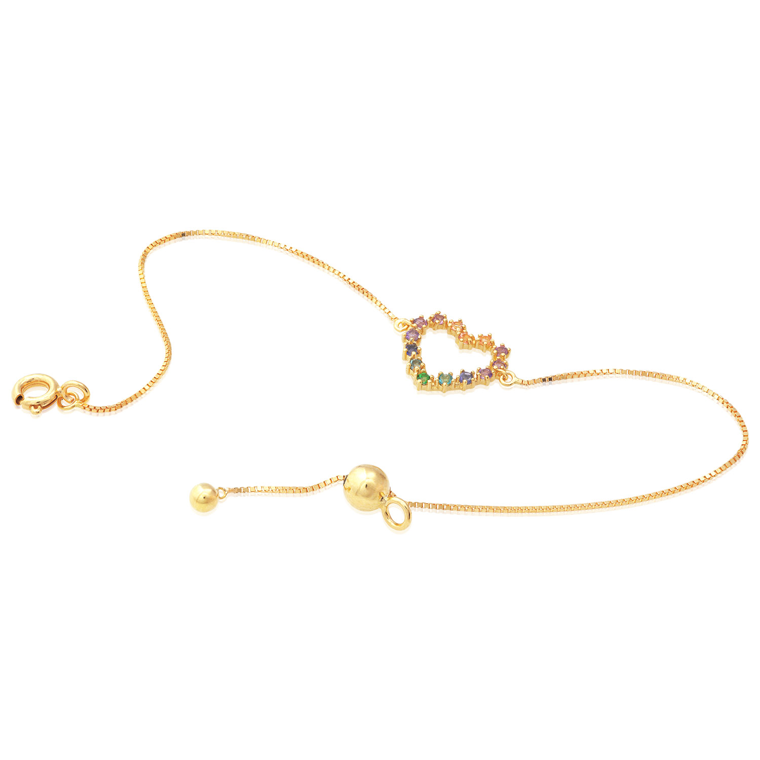 PULSEIRA CORAÇÃO OURO AMARELO 18K COM AMET. ROD. IOLITA TOP. LONDON TOP. RAINF. TOP. PEACH