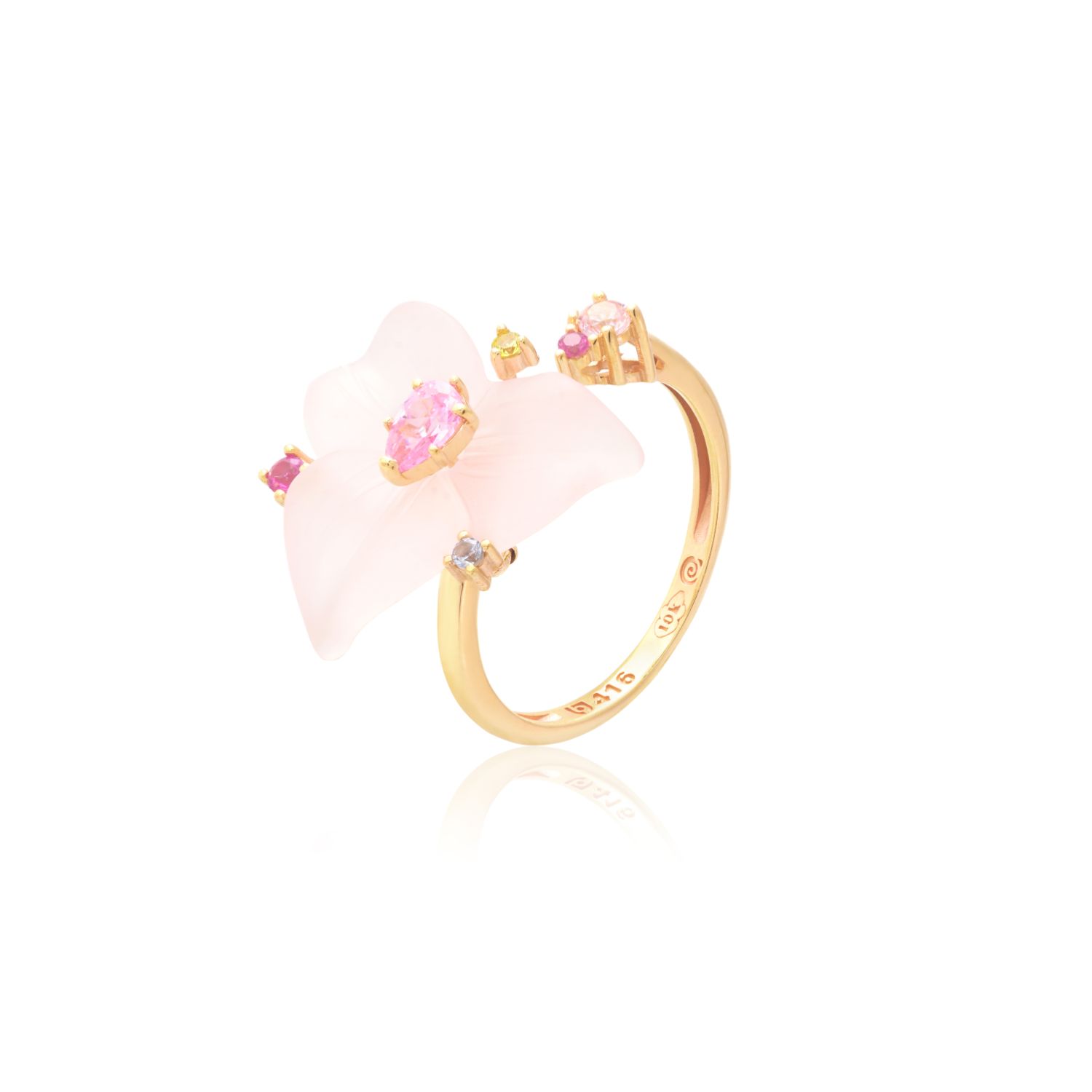 ANEL OURO AMARELO 10K FLOR Q. ROSA COM PERID. ECO TOP. AZUL ECO ROD.ECO SAF.ROSA ECO