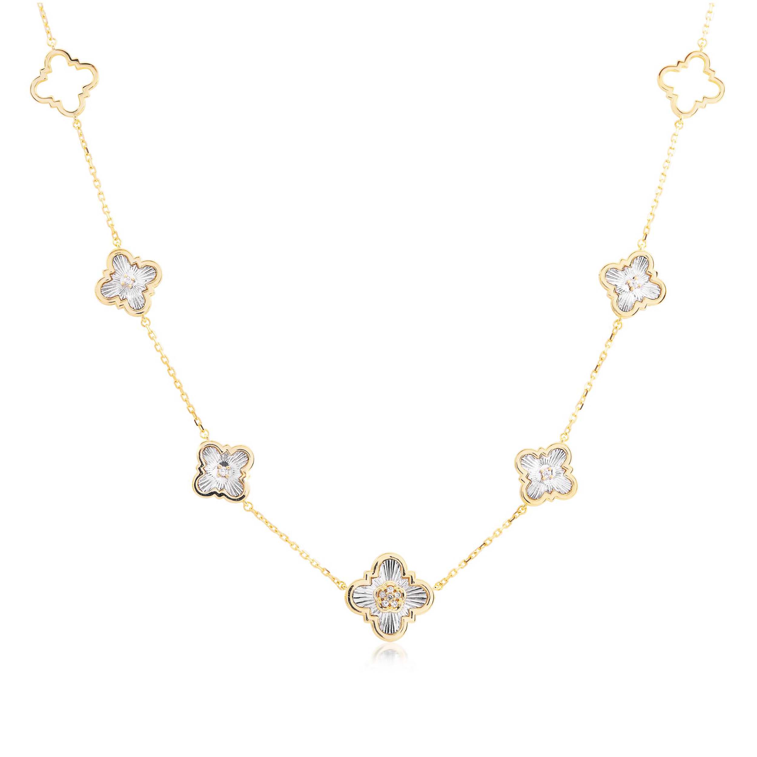 GARGANTILHA TREVO OURO AMARELO E OURO BRANCO 18K COM BRILHANTE
