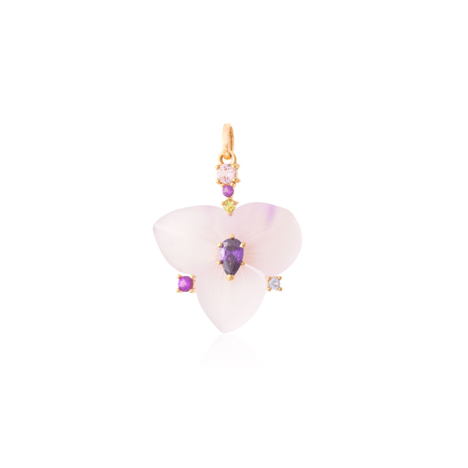 PINGENTE OURO AMARELO 10K FLOR AMETISTA COM SAF.ROSA ECO PERID.ECO TOP. AZUL ECO AMET. ECO
