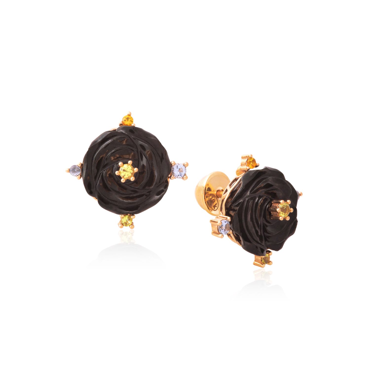 BRINCO OURO AMARELO 10K FLOR JADE NEGRO COM CIT. ECO PERID. ECO TOP.AZUL ECO