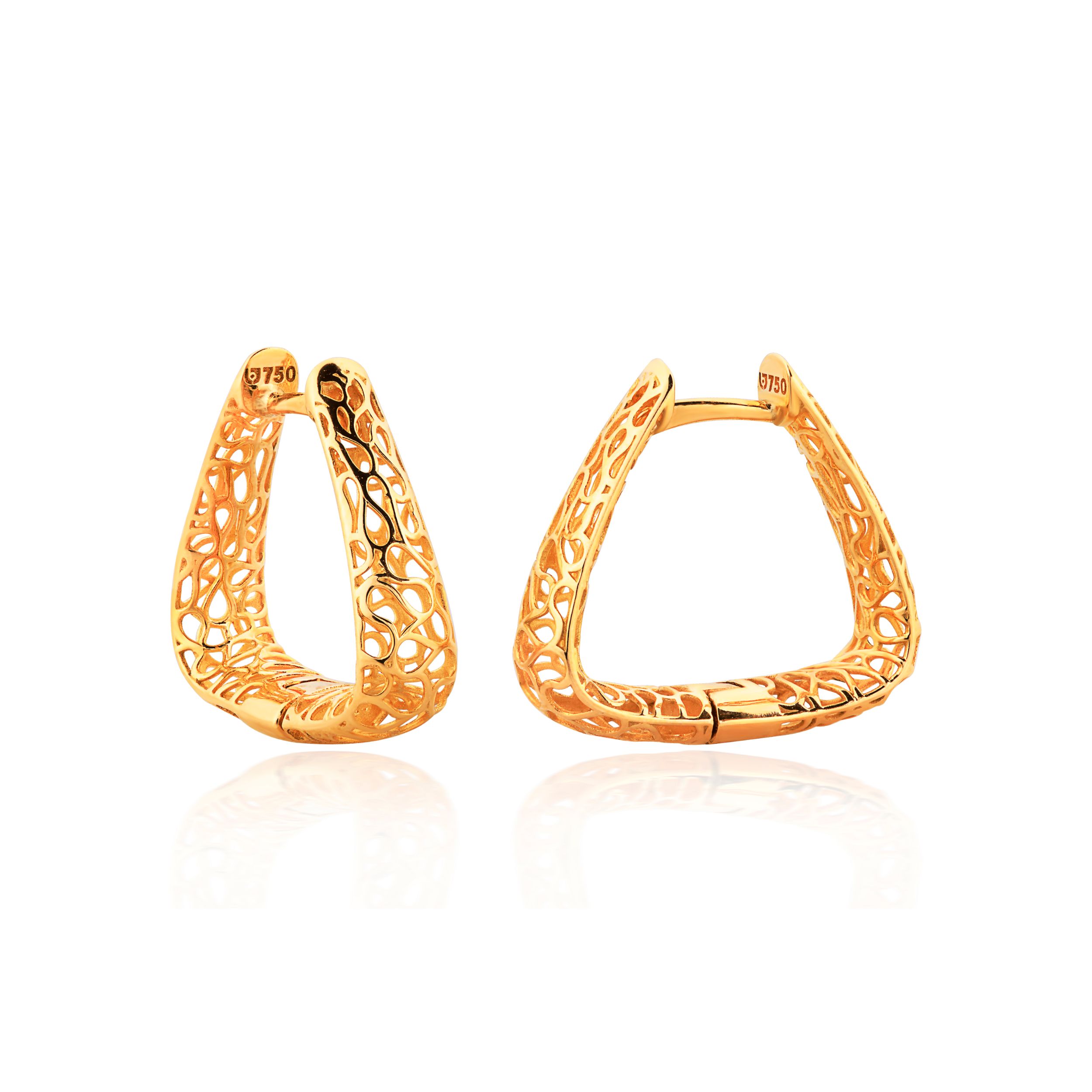 BRINCO DUPLA FACE TRIANGULO OURO AMARELO 18K PEQUENO FILIGRANA 16MM