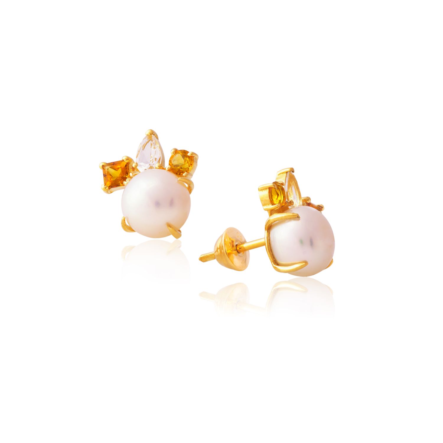 BRINCO OURO AMARELO 18K COM TOP. BRANCO PEROLA BOTÃO BRANCA E CITRINO