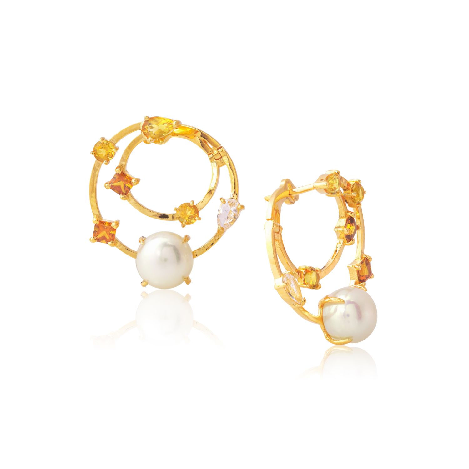 BRINCO OURO AMARELO 18K COM TOP. BRANCO PEROLA BOTÃO BRANCA E CITRINO
