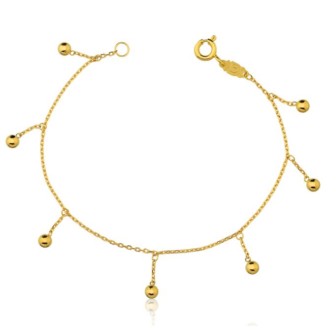 PULSEIRA INFANTIL BOLINHA PENDURADA OURO AMARELO 18K (14CM)