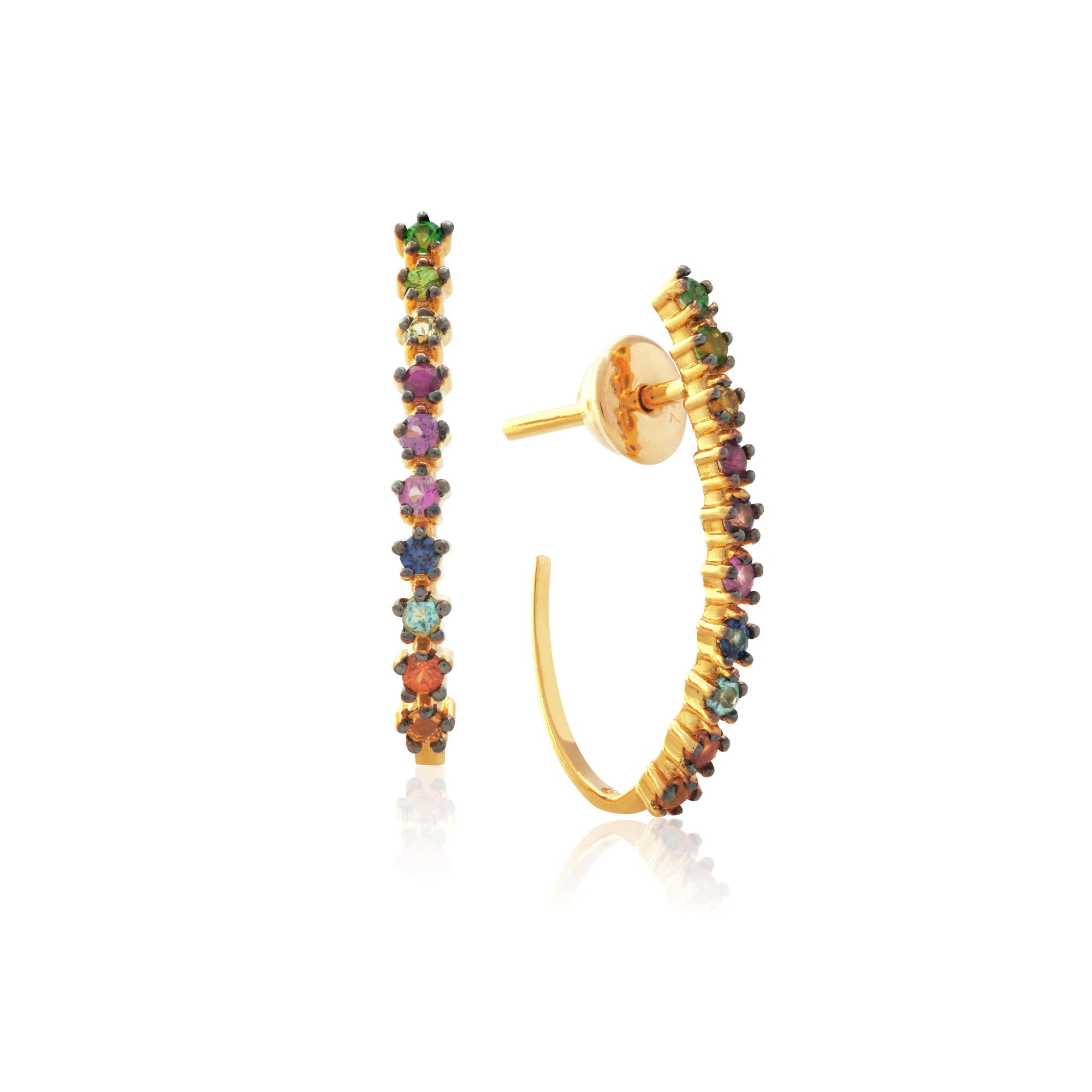 BRINCO OVAL GRANDE OURO AMARELO 18K COM T. RAIF. TSAV. PERID. RUBI ROD. S. ROSA S. AZUL T. AZUL SAF. AM. SAF. LARANJ.
