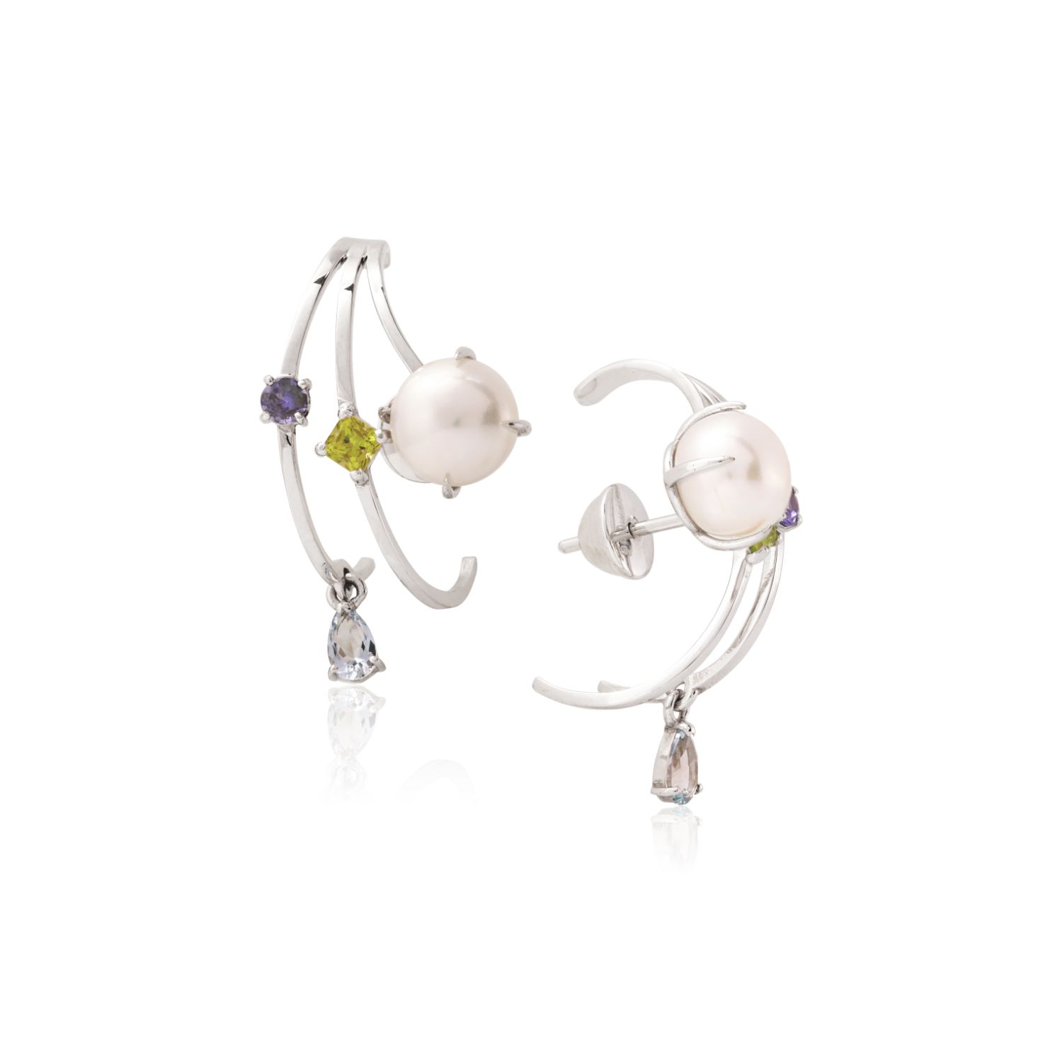 BRINCO OURO BRANCO 18K COM PEROLA BOTÃO BRANCA TOP. AZUL PERIDOTO TANZANITA