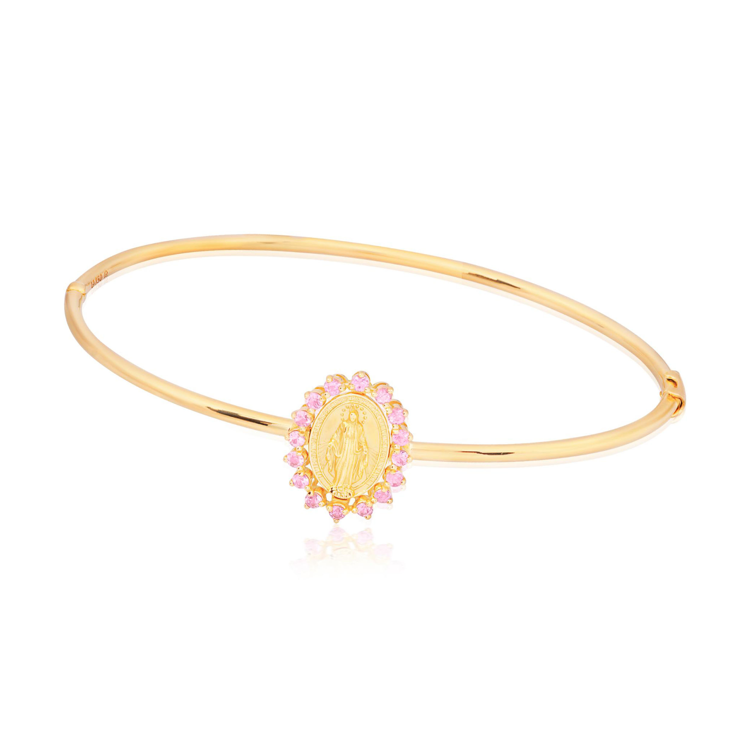 PULSEIRA OVAL NOSSA SENHORA DAS GRAÇAS OURO AMARELO 18K COM SAFIRA ROSA