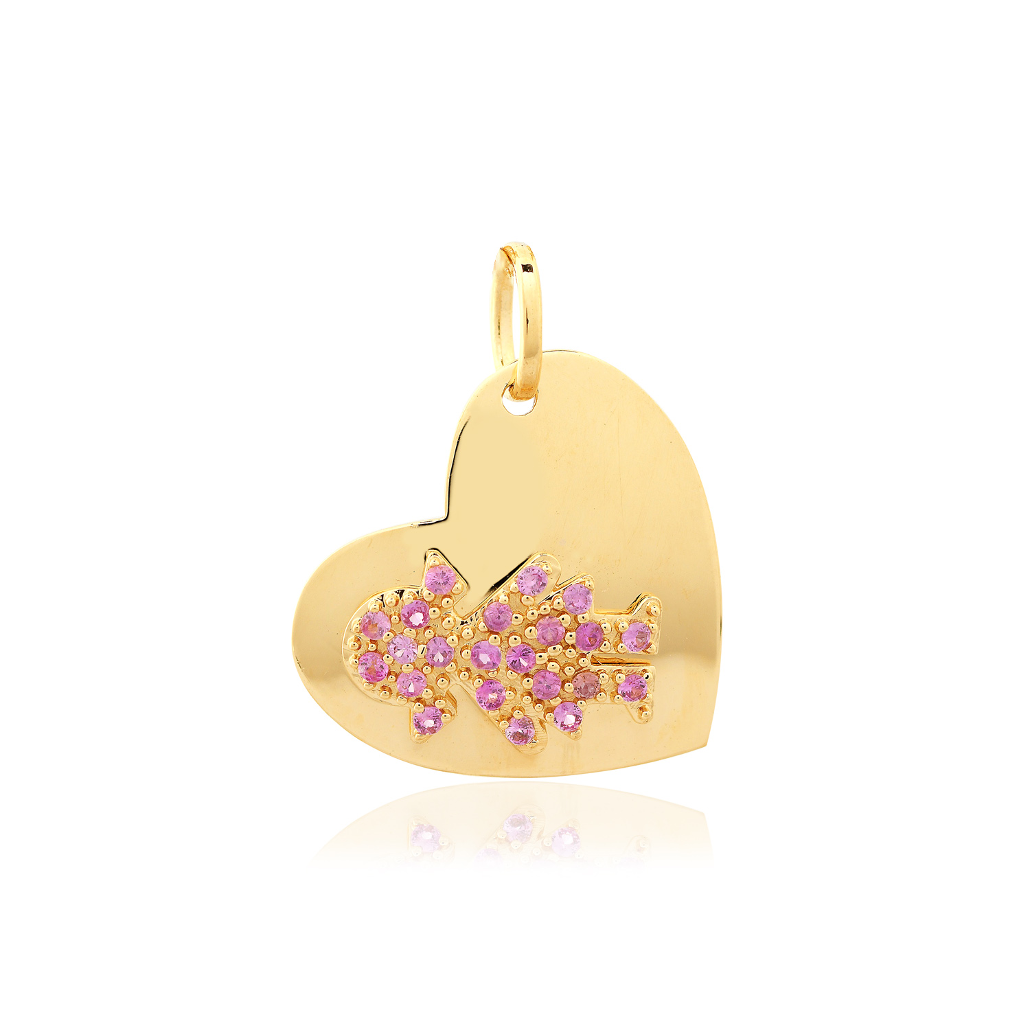 PINGENTE CORAÇÃO MENINA OURO AMARELO 10K 10MM COM RUBI ECO