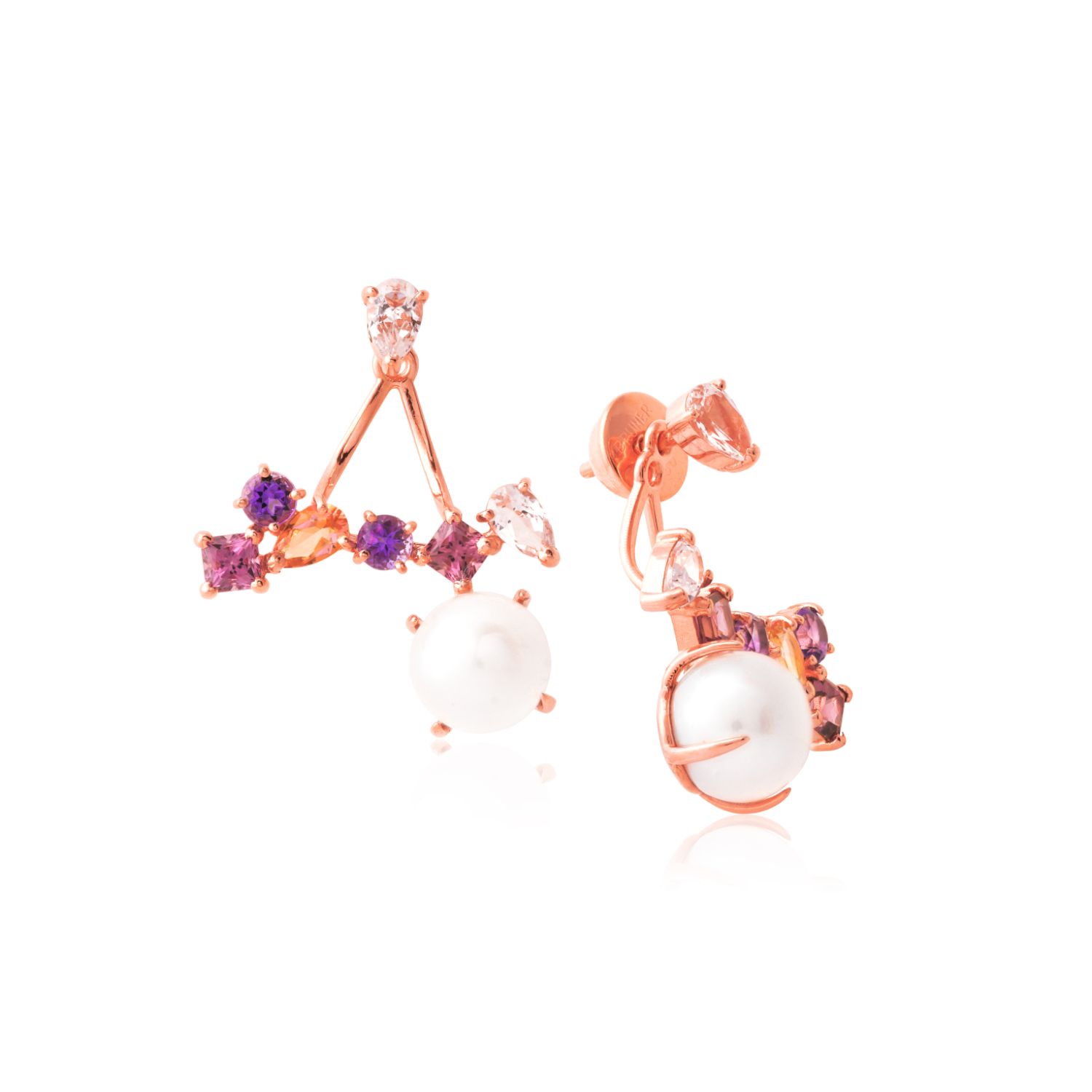 BRINCO OURO ROSÉ 18K COM TOP. BRANCO PEROLA BOTÃO SALMÃO AMETISTA RODOLITA E TOP. PEACH