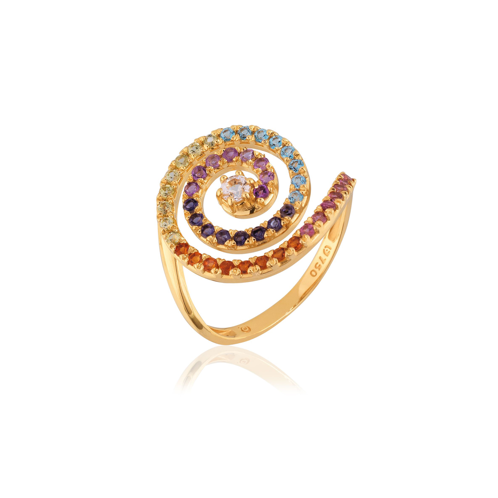 ANEL CARACOL OURO AMARELO 18K COM AMET. CITRINO RODOLITA PERID. T.BRANCO IOLITA T. AZUL