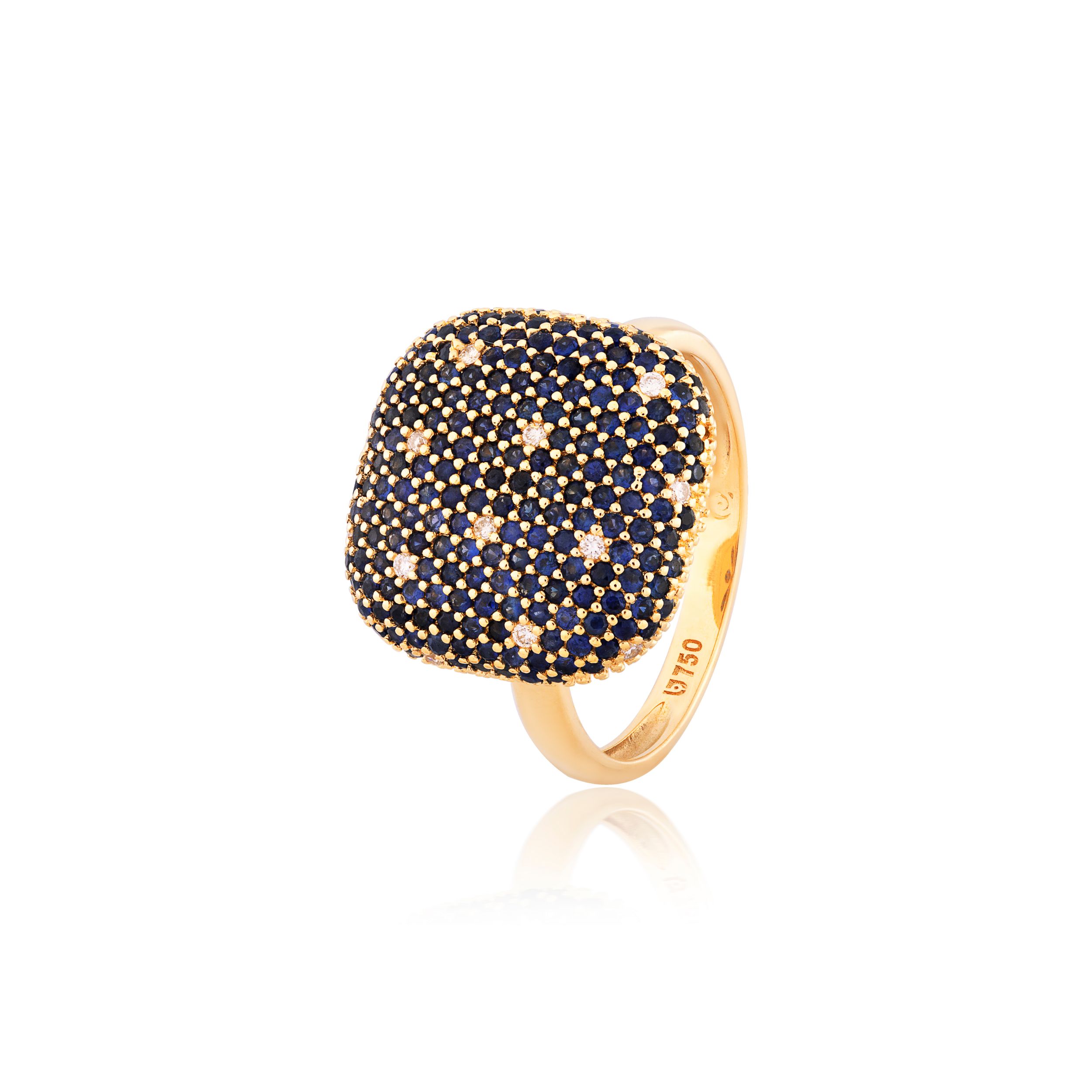 ANEL QUADRADO OUROR AMARELO 18K COM BRILHANTE E SAFIRA AZUL