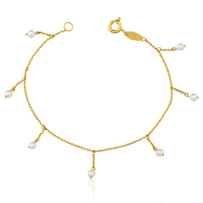 PULSEIRA INFANTIL OURO AMARELO 18K COM PEROLA PENDURADA (14CM)