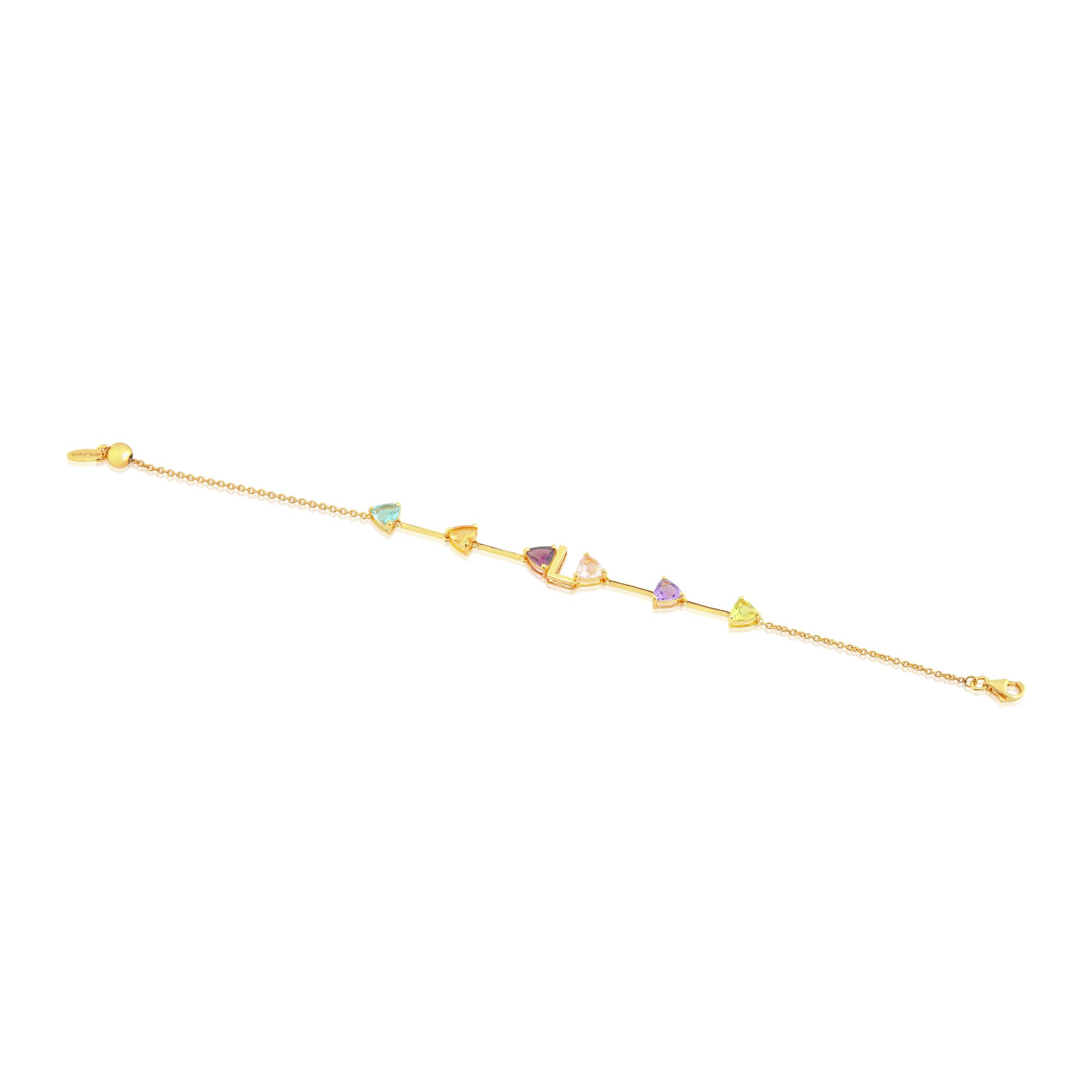 PULSEIRA OURO AMARELO 18K LETRA L COM AMET. ROD. T.AZUL CIT. Q.ROSA GREEN GOLD