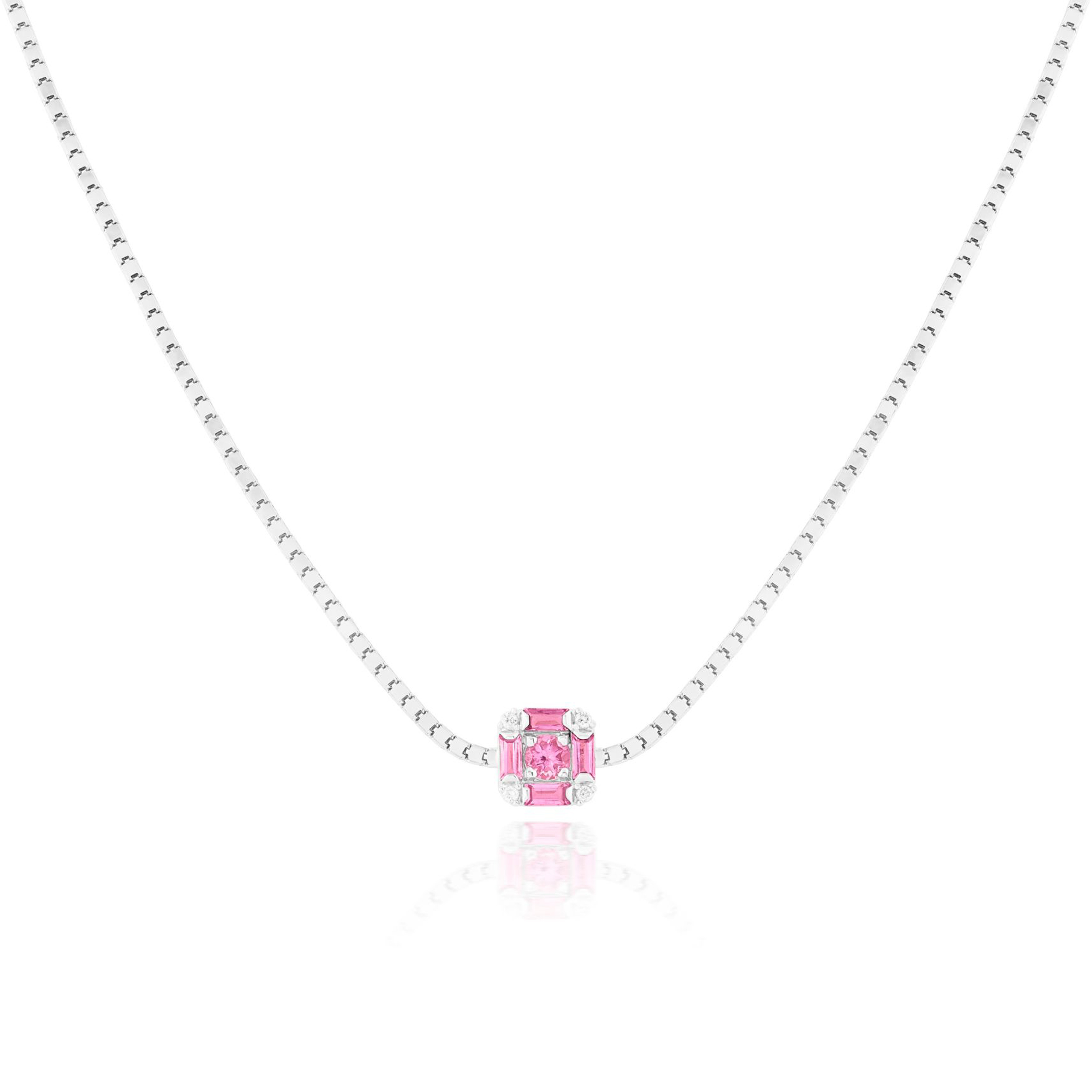 GARGANTILHA CARRE OURO AMARELO 18K COM BRILHANTE E TURMALINA ROSA