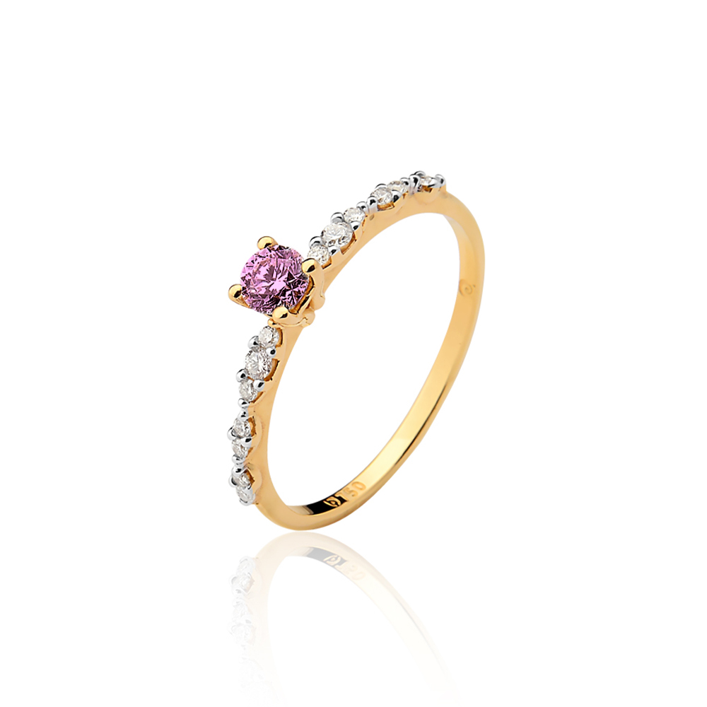 ANEL SOLITARIO OURO AMARELO 18K COM BRILHANTE E TURMALINA ROSA