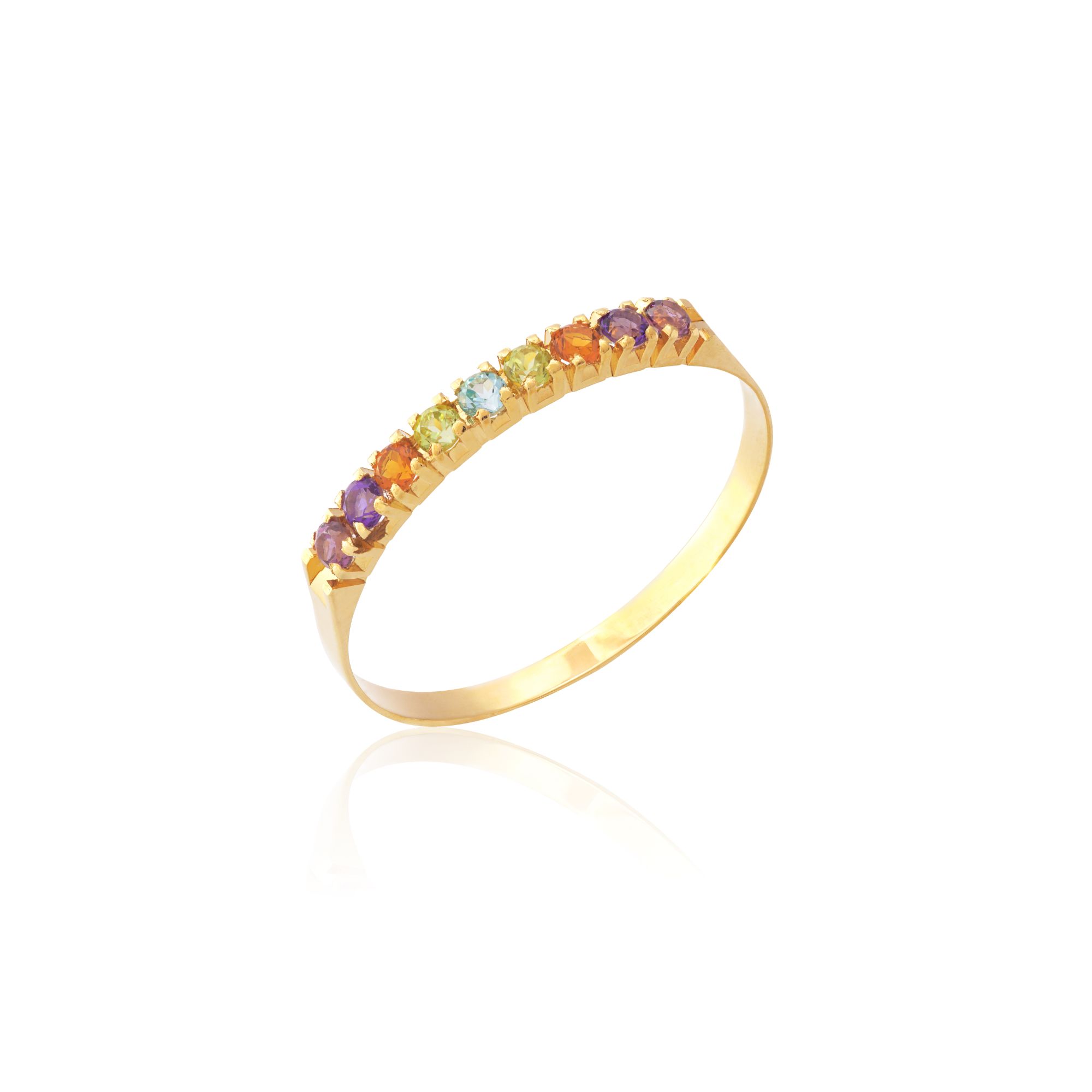 MEIA ALIANÇA OURO AMARELO 18K COM ROD. PERID. TOP. AMET. E CITRINO