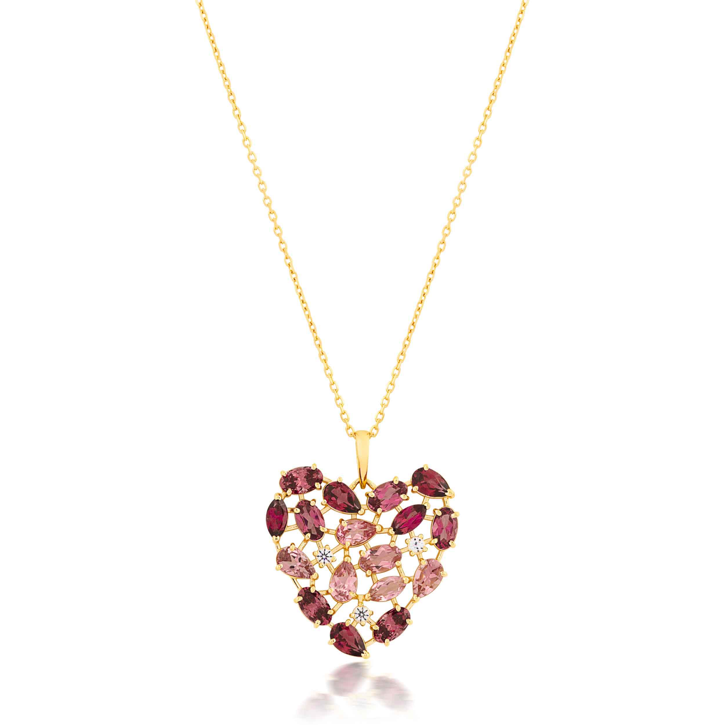 GARGANTILHA CORAÇÃO OURO AMARELO 18K COM TOP.BRANCO RODOLITA E TURMALINA ROSA