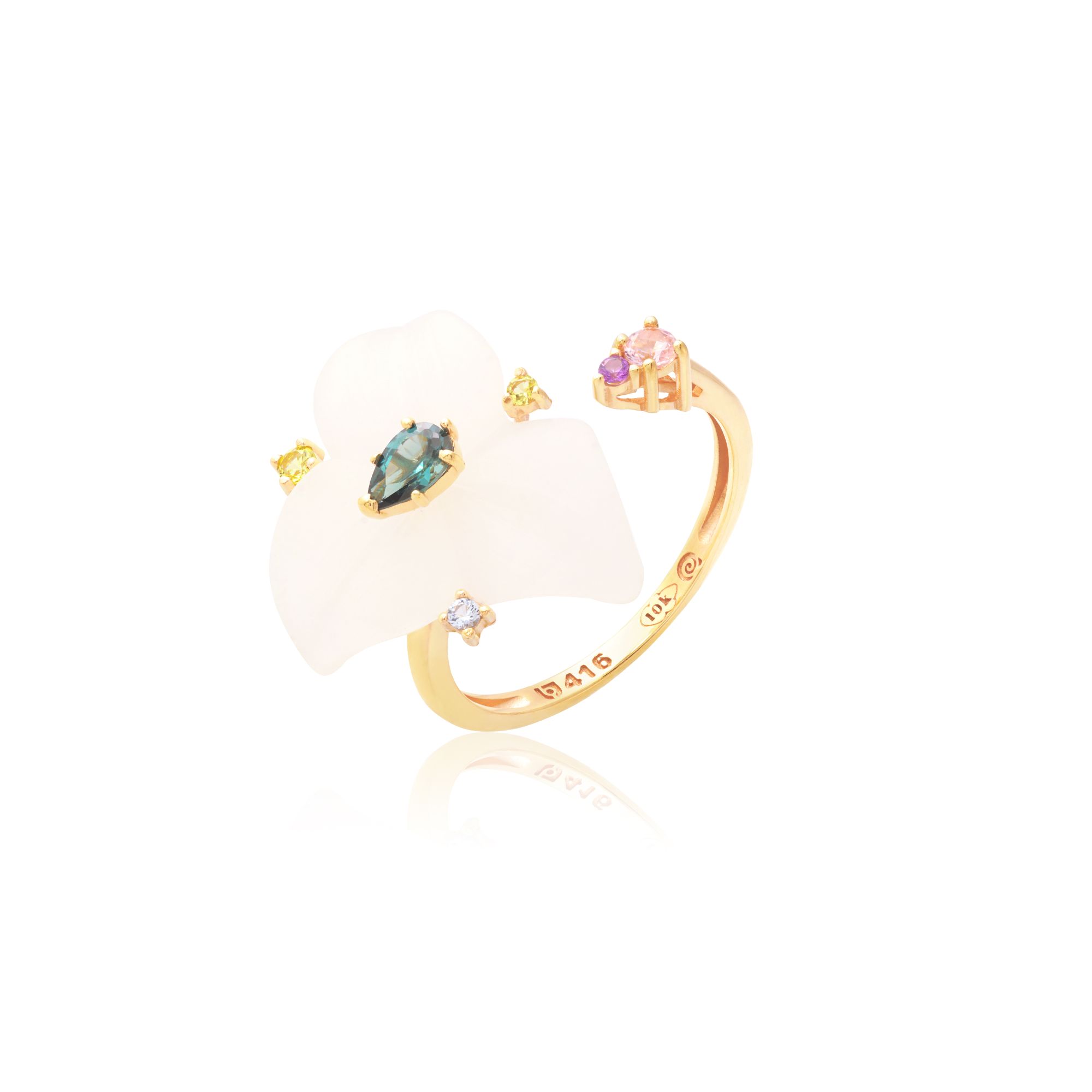 ANEL OURO AMARELO 10K FLOR CRISTAL COM PERID.ECO S. ROSA ECO AMET.ECO TOP. AZUL ECO A. MAR.ECO