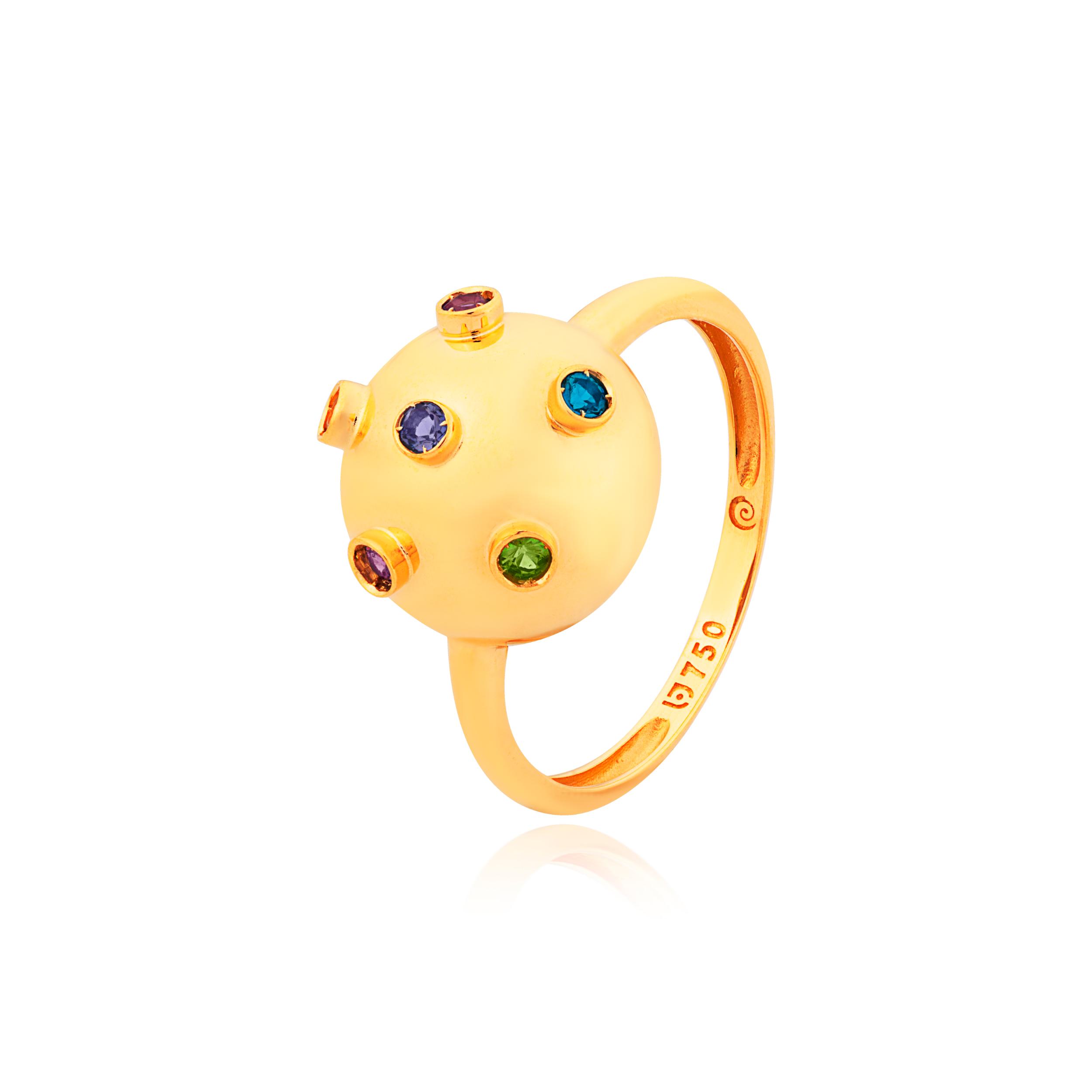 ANEL MEIA BOLA OURO AMARELO 18K COM TSAV. RODOLITA IOLITA TOP.LONDON CITRINO AMETISTA