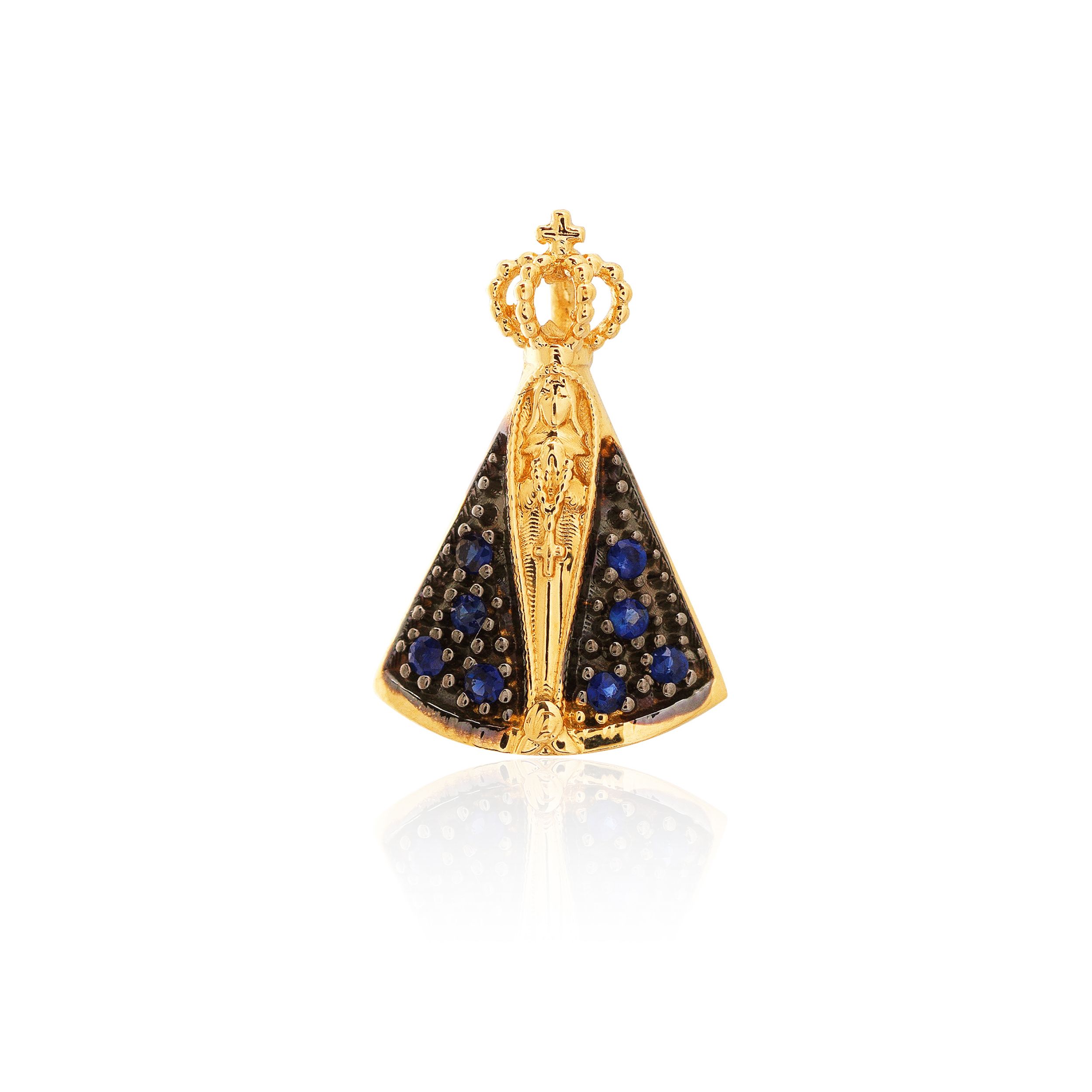 PINGENTE NOSSA SRA APARECIDA PEQUENA OURO AMARELO 18K COM SAFIRA AZUL