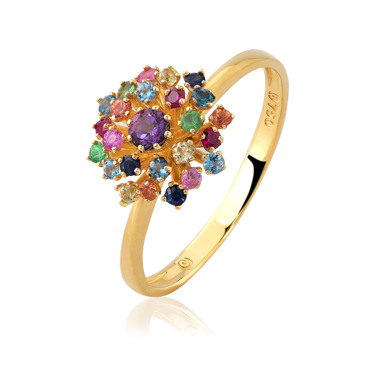 ANEL BUQUE OURO AMARELO 18K COM AMET. PERID. SAF.ROSA SAF.AZUL TSAV. RUBI T.LONDON T.AZUL SAF.LARANJA