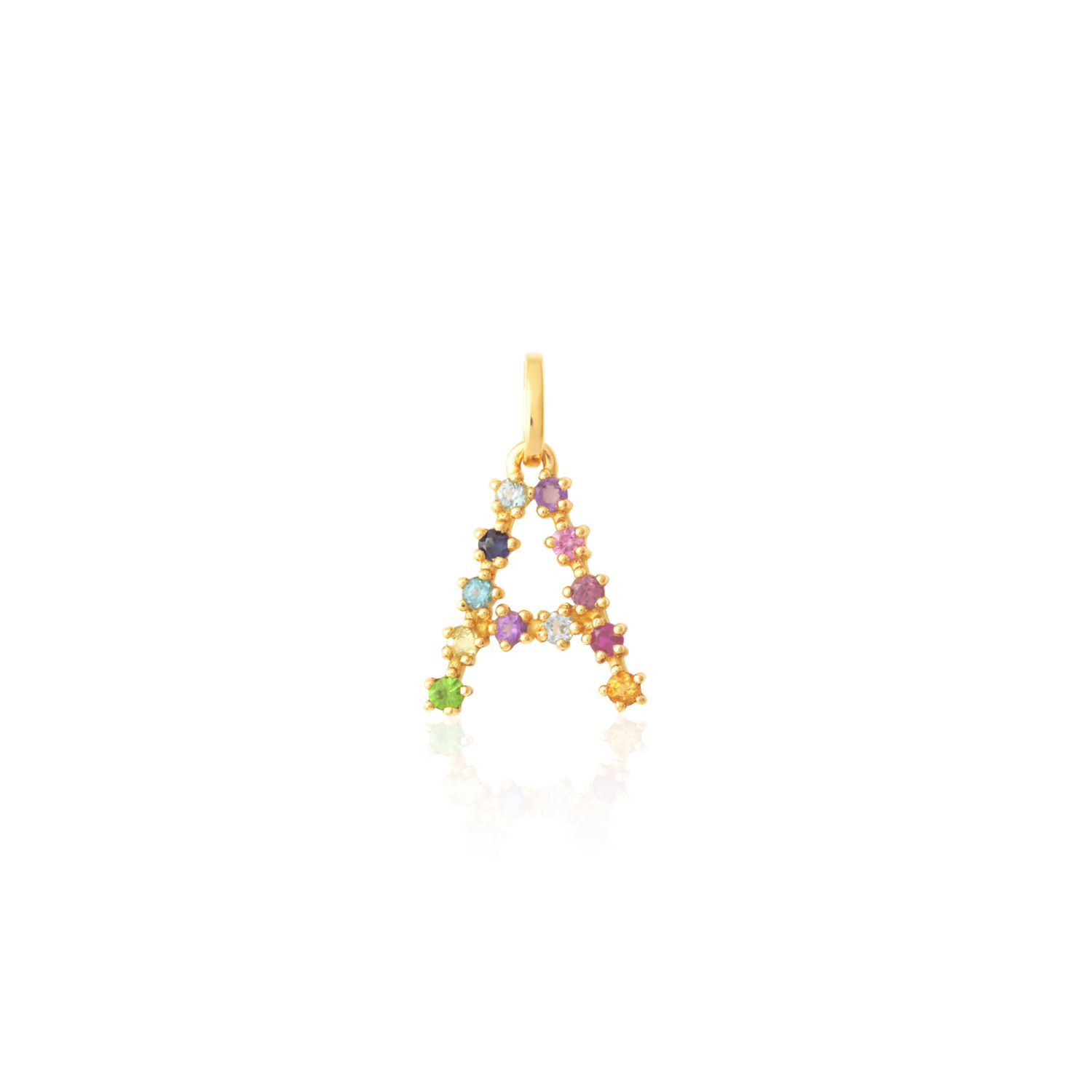 PINGENTE LETRA A OURO AMARELO 18K COM AM. CIT. ROD. PERID. SAF. ROSA SAF. AZUL TSAV. RUBI T. LONDON E TOP. AZUL