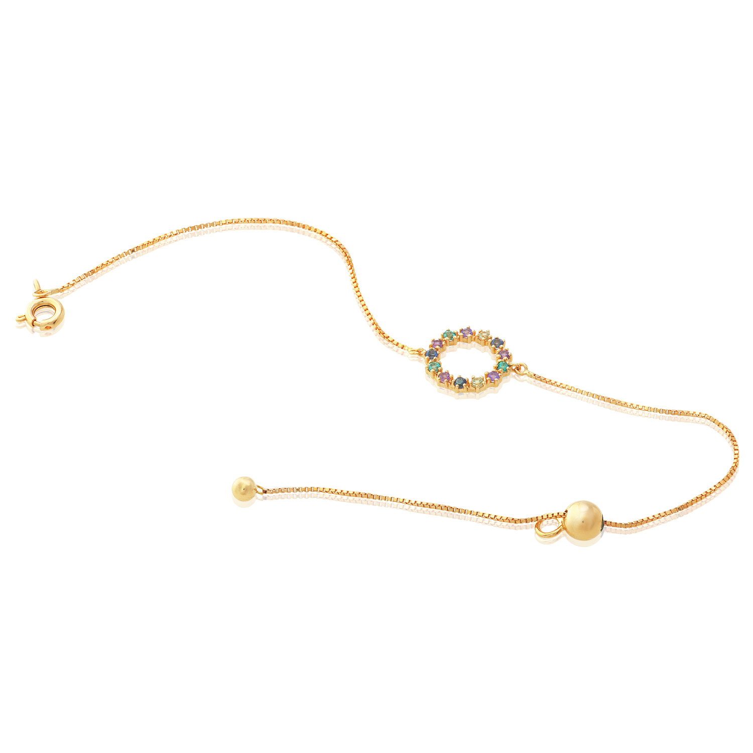 PULSEIRA REDONDA OURO AMARELO 18K COM RODOLITA TOP. LONDON AMETISTA SAF. VERDE IOLITA