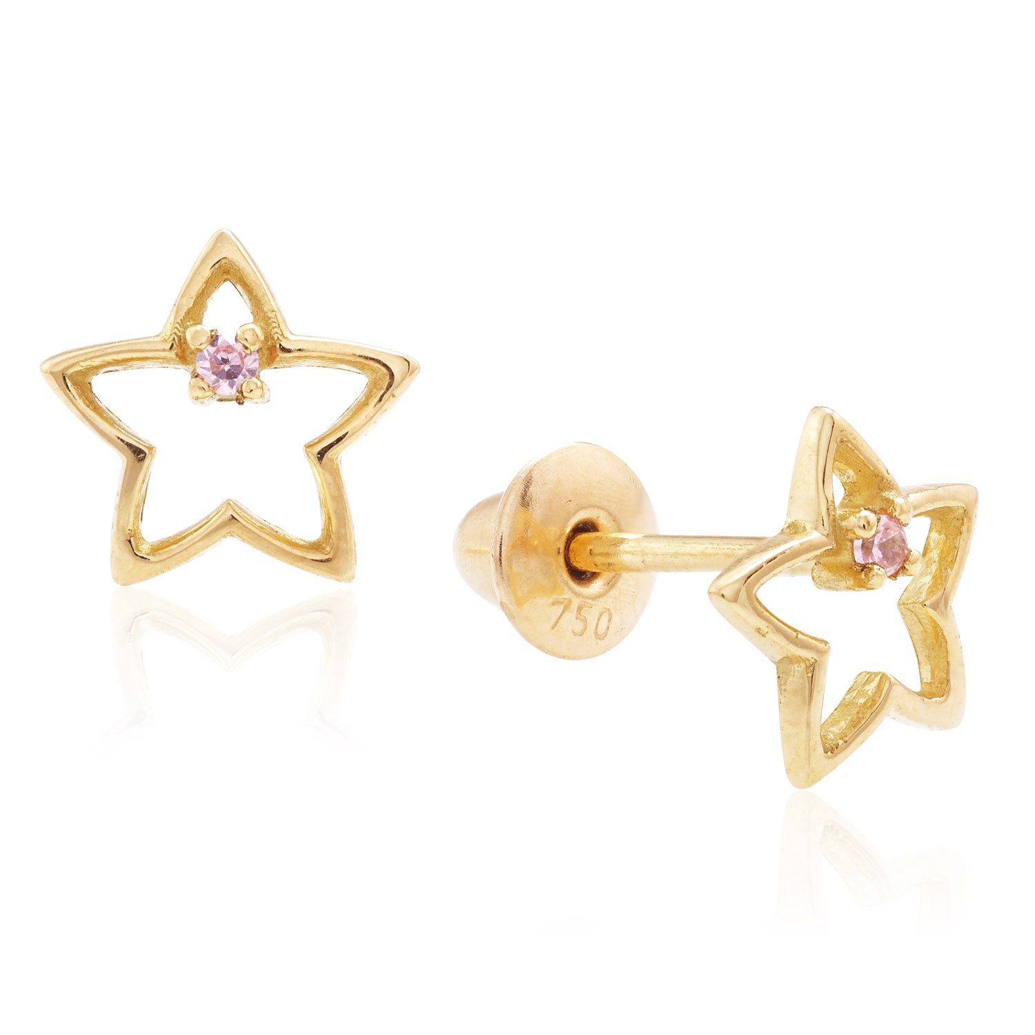 BRINCO BABY ESTRELA VAZADA OURO AMARELO 18K COM SAFIRA ROSA SINT.