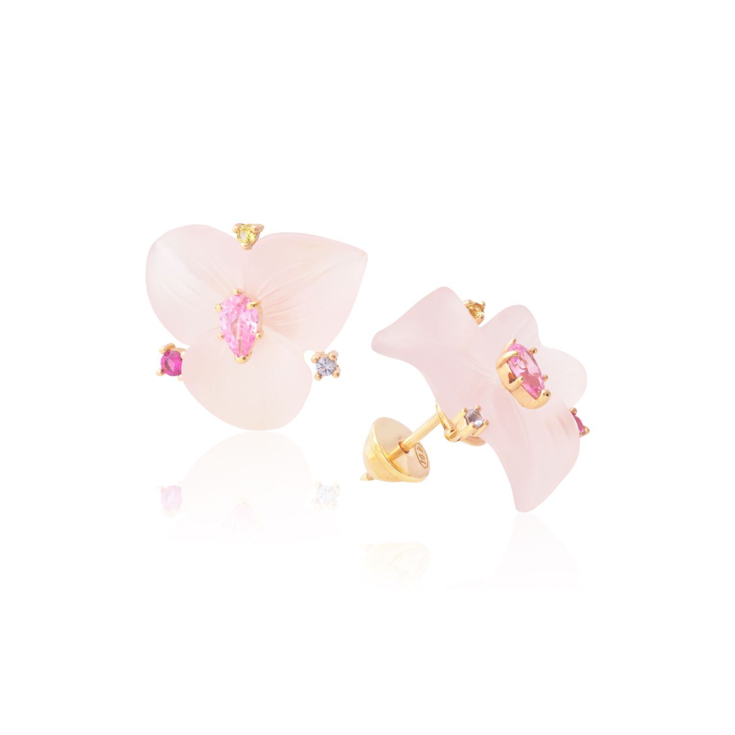BRINCO OURO AMARELO 10K FLOR Q. ROSA COM PERID. ECO TOP. AZUL ECO ROD.ECO SAF.ROSA ECO