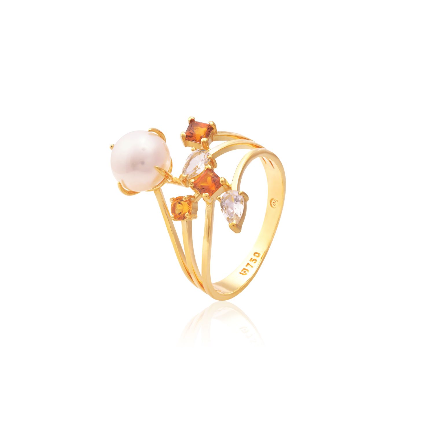 ANEL OURO AMARELO 18K COM TOP. BRANCO PEROLA BOTÃO BRANCA E CITRINO
