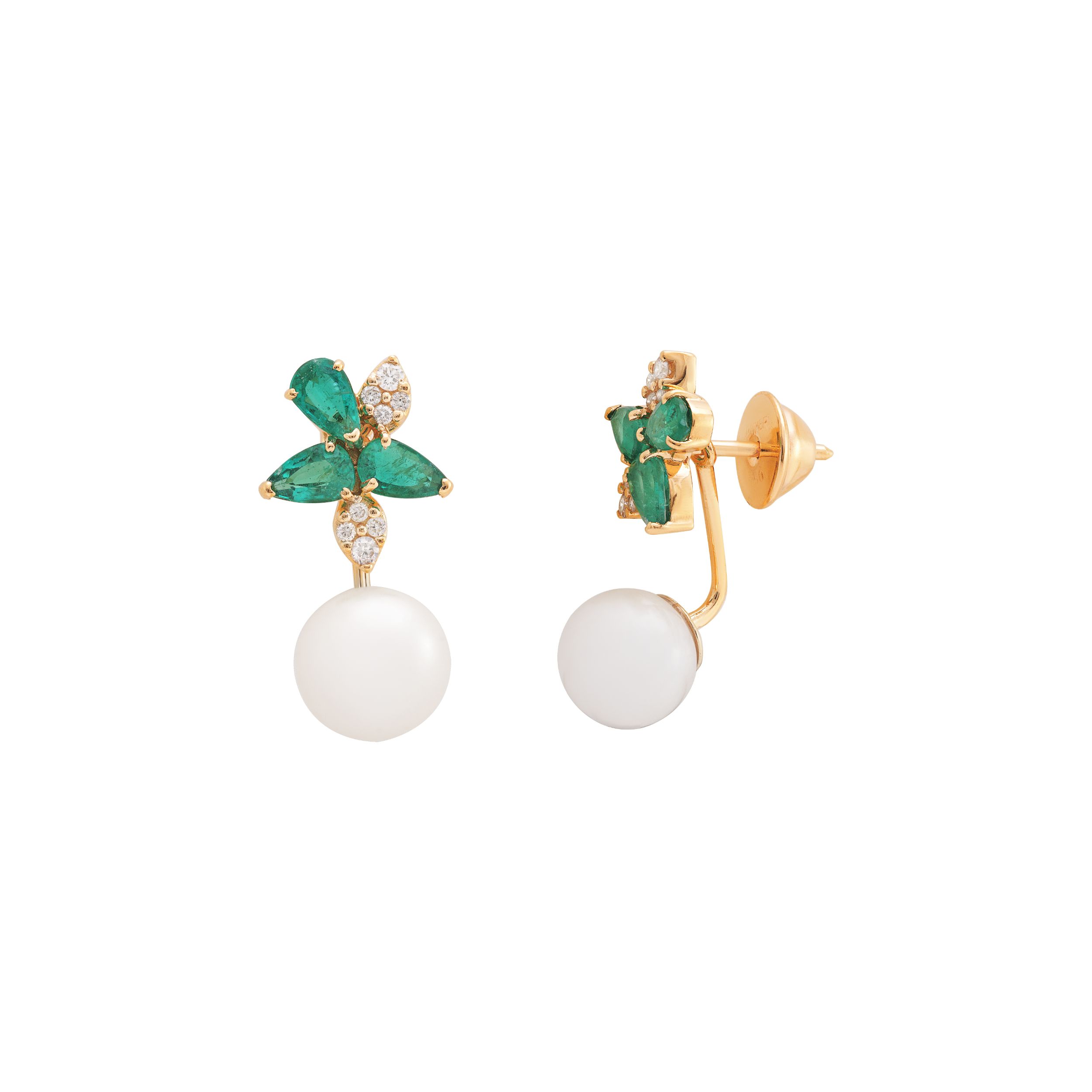 BRINCO GOTA OURO AMARELO 18K COM BRILHANTE PEROLA E ESMERALDA