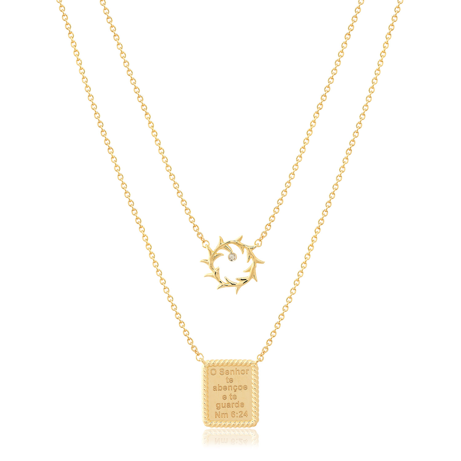 ESCAPULARIO PLACA QUADRADA E COROA ESPINHO COM BRILHANTE OURO 18K