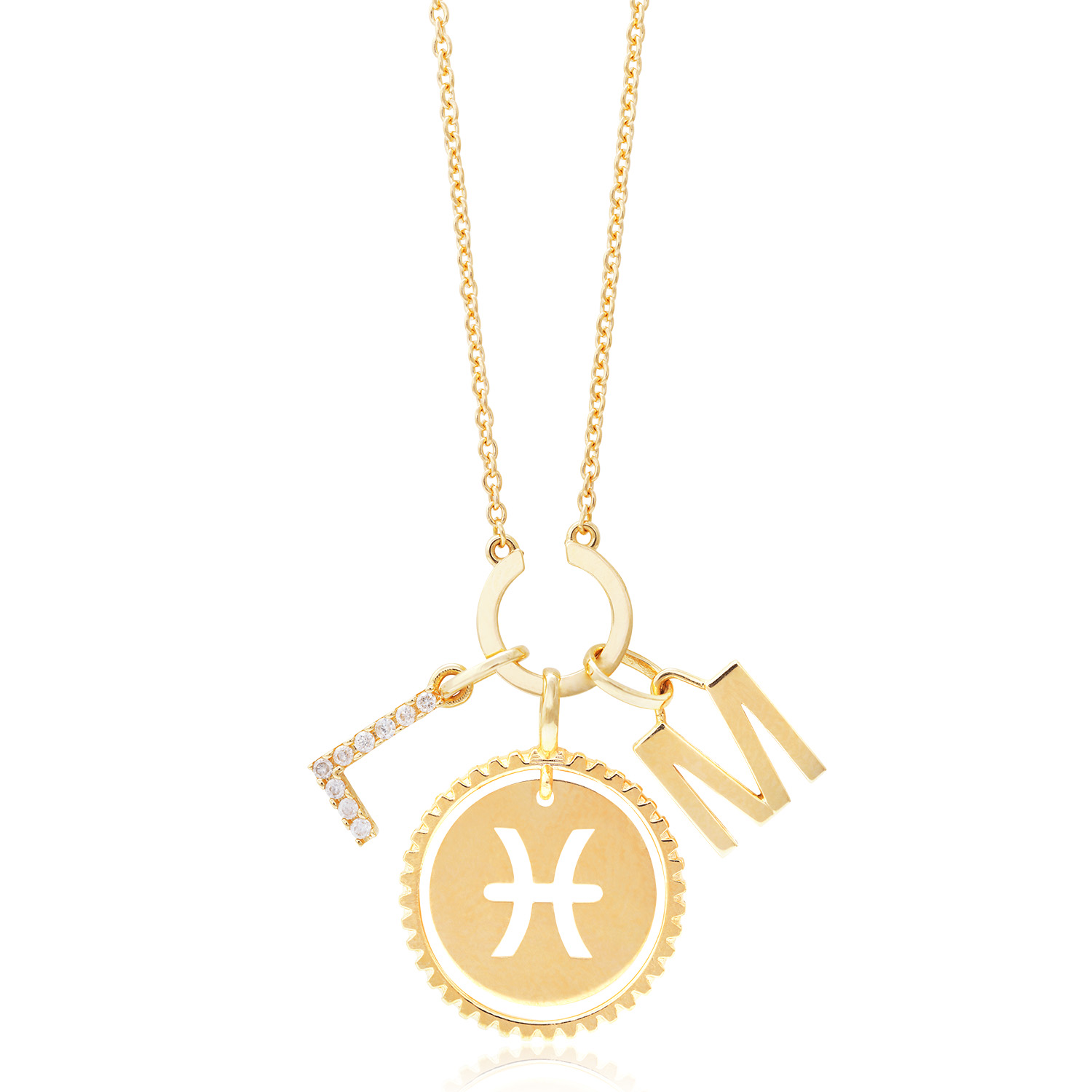 GARGANTILHA OURO AMARELO 18K PARA AMULETO / PINGENTE LETRA L OURO AMARELO 18K COM BRILHANTE / PINGENTE OURO AMARELO 18K LETRA M / PINGENTE OURO AMARELO 18K SIGNOS PEIXES