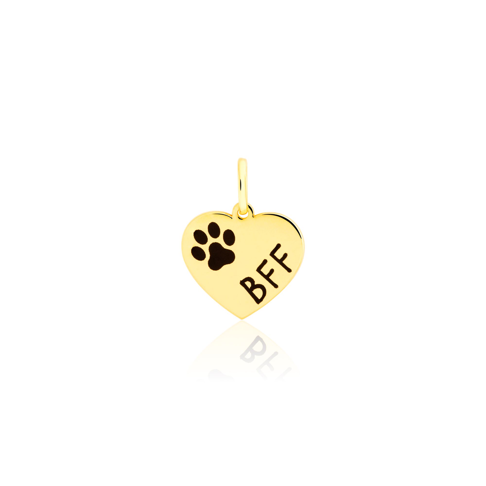 PINGENTE OURO 18K PETS CORAÇÃO BEST FRIEND FOREVER COM PIGMENTO PRETO