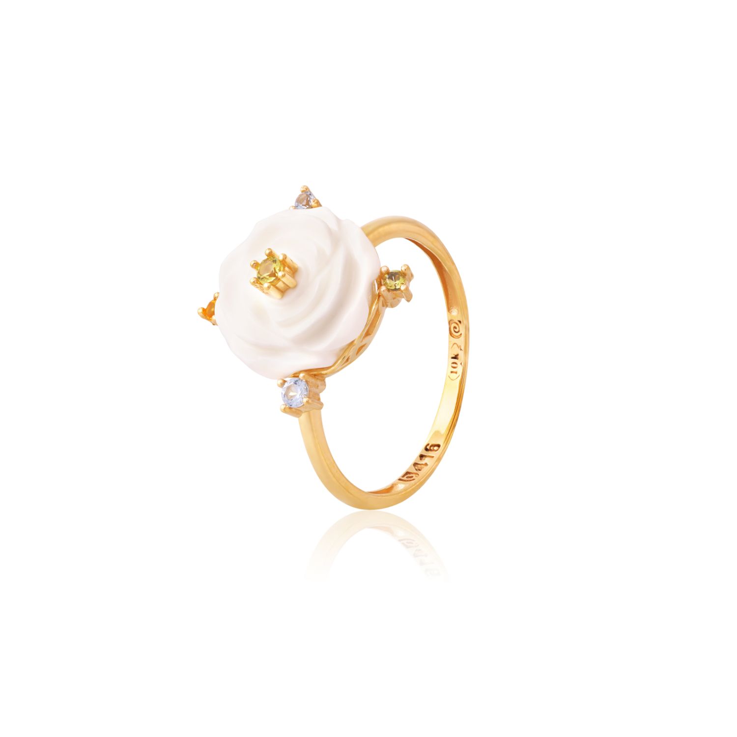 ANEL OURO AMARELO 10K FLOR CACHALON COM CIT. ECO PERID. ECO TOP.AZUL ECO