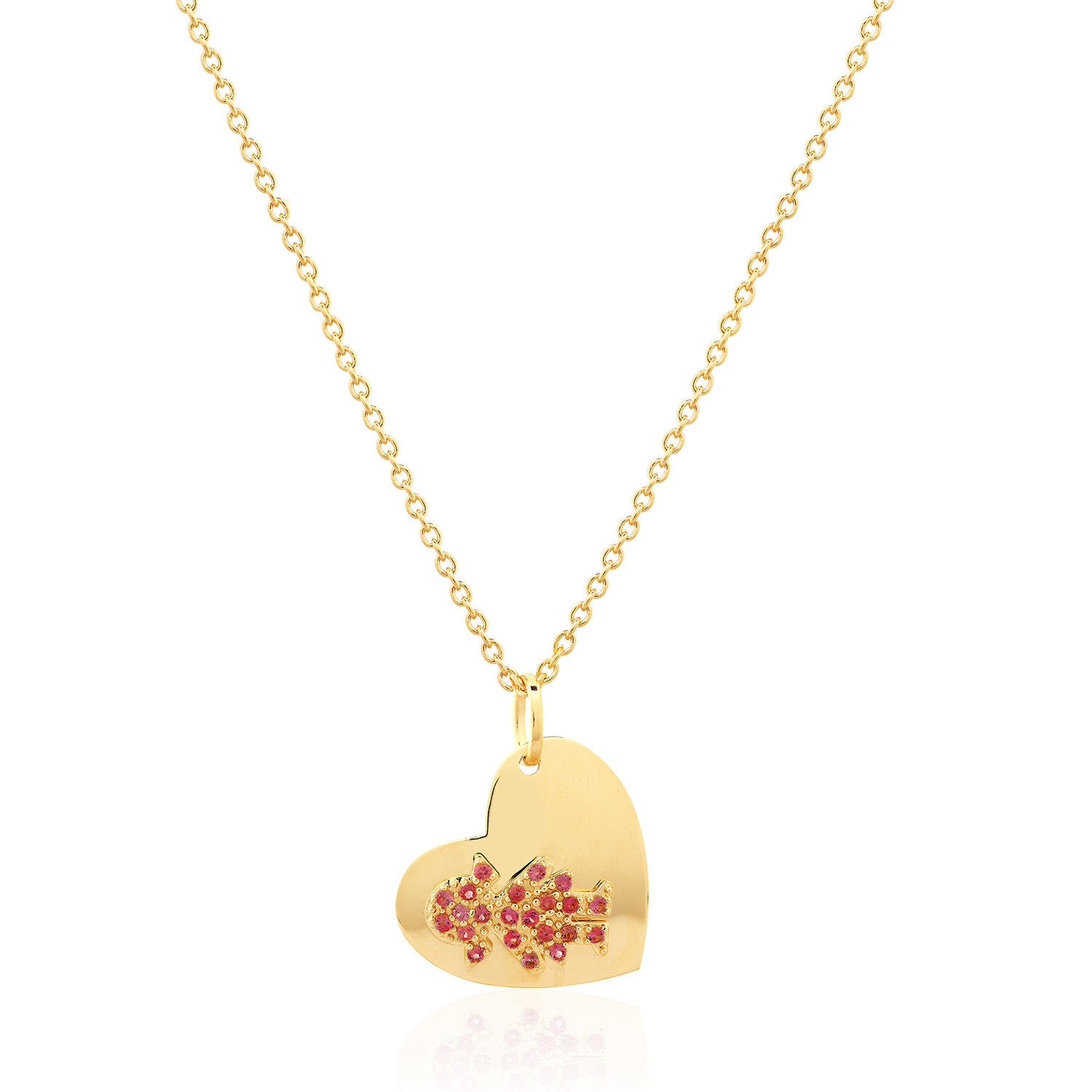 GARGANTILHA CORAÇÃO MENINA OURO AMARELO 10K 10MM COM RUBI ECO