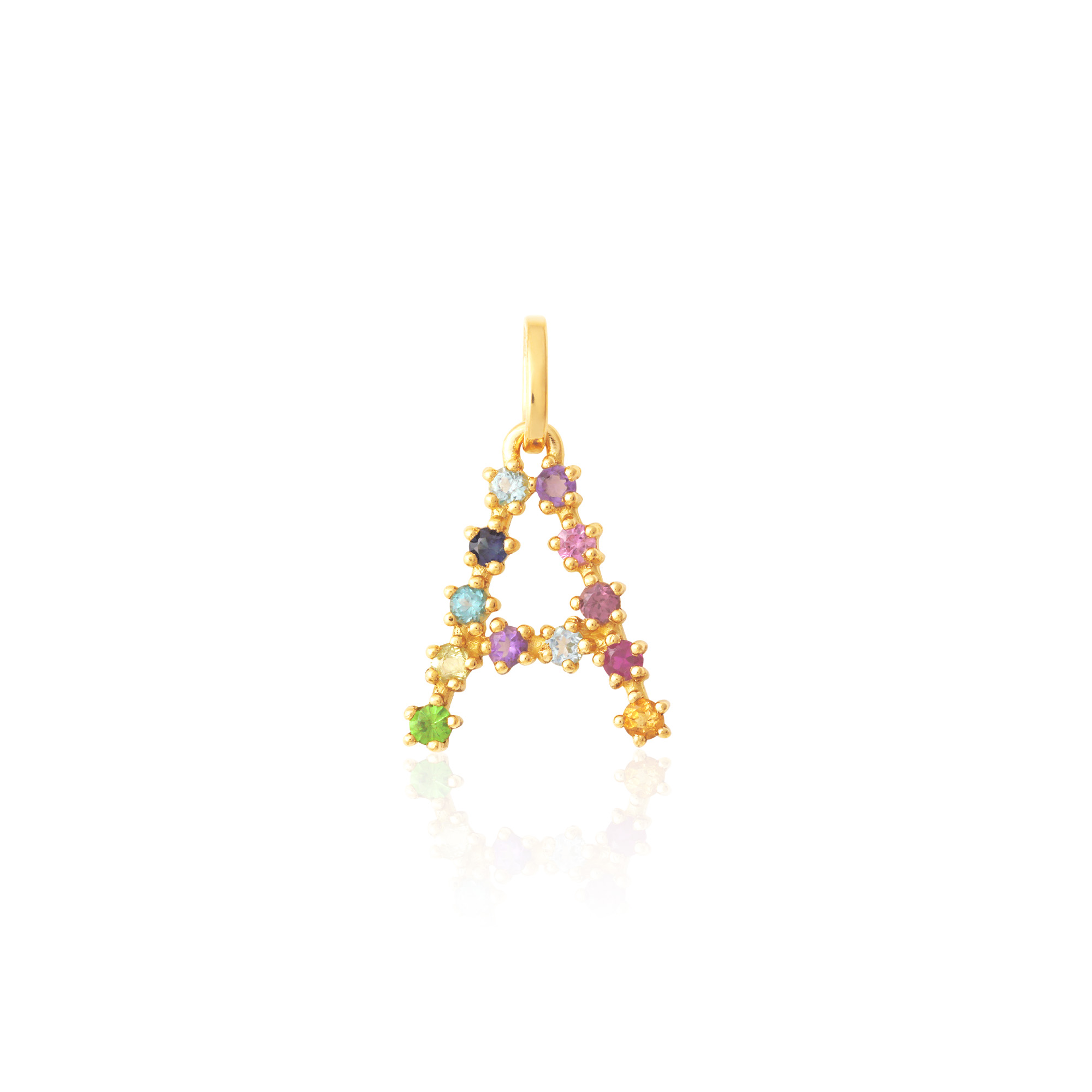 PINGENTE LETRA A OURO AMARELO 18K COM AM. CIT. ROD. PERID. SAF. ROSA SAF. AZUL TSAV. RUBI T. LONDON E TOP. AZUL