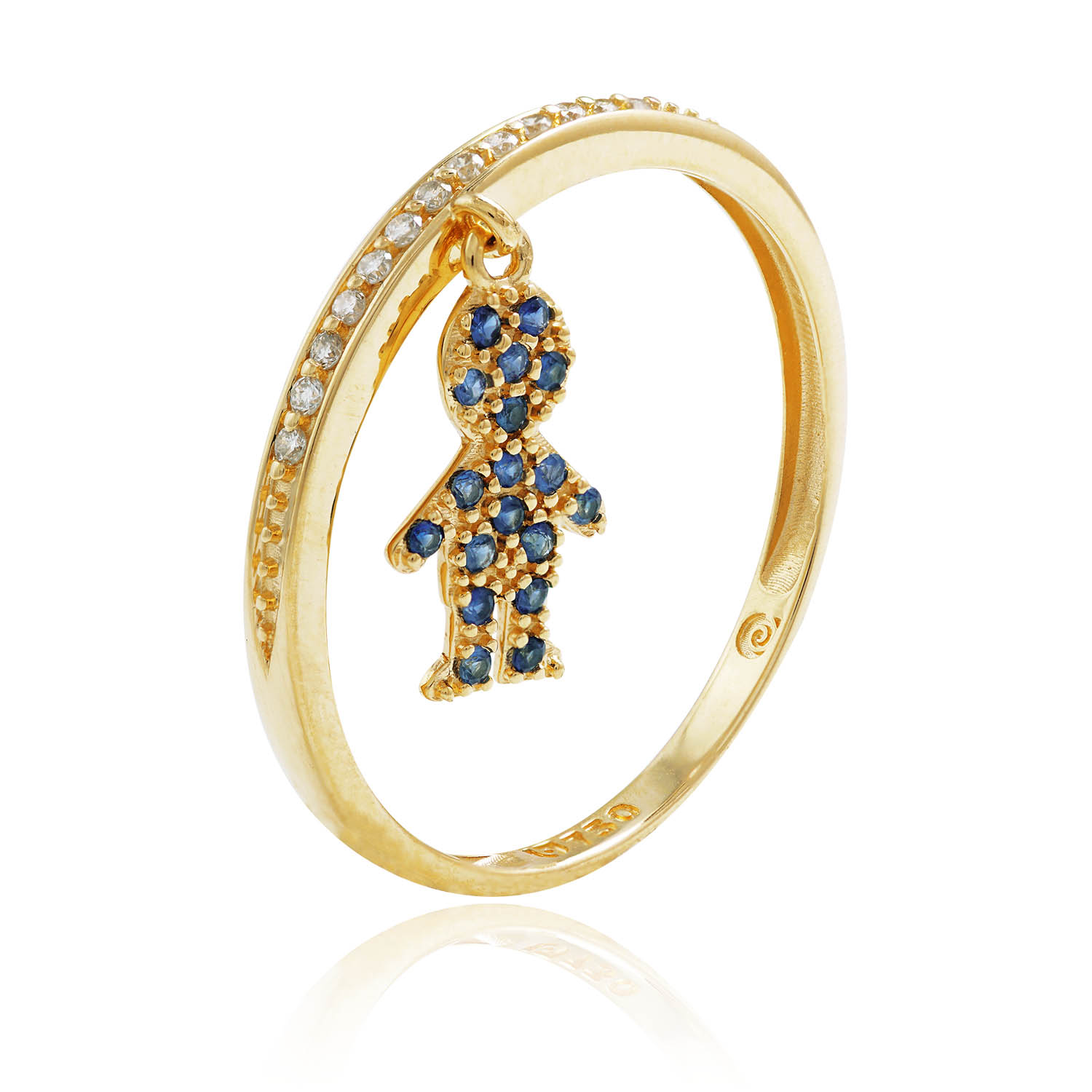 ANEL MENINO OURO AMARELO 10K 10MM COM ZIRCONIA E SAFIRA AZUL ECO