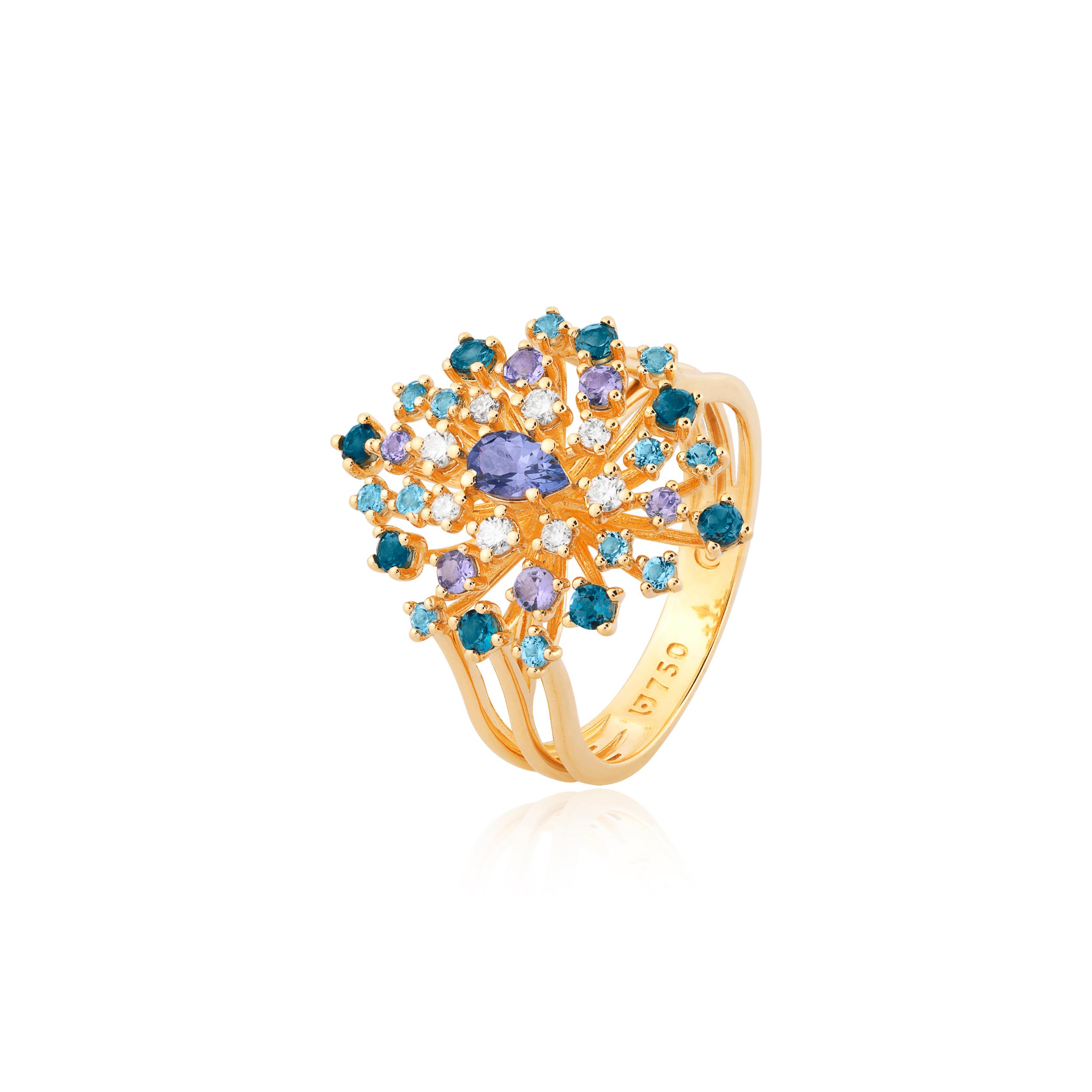 ANEL OURO AMARELO 18K COM BRILHANTE TANZANITA TOP.AZUL TOP.LONDON