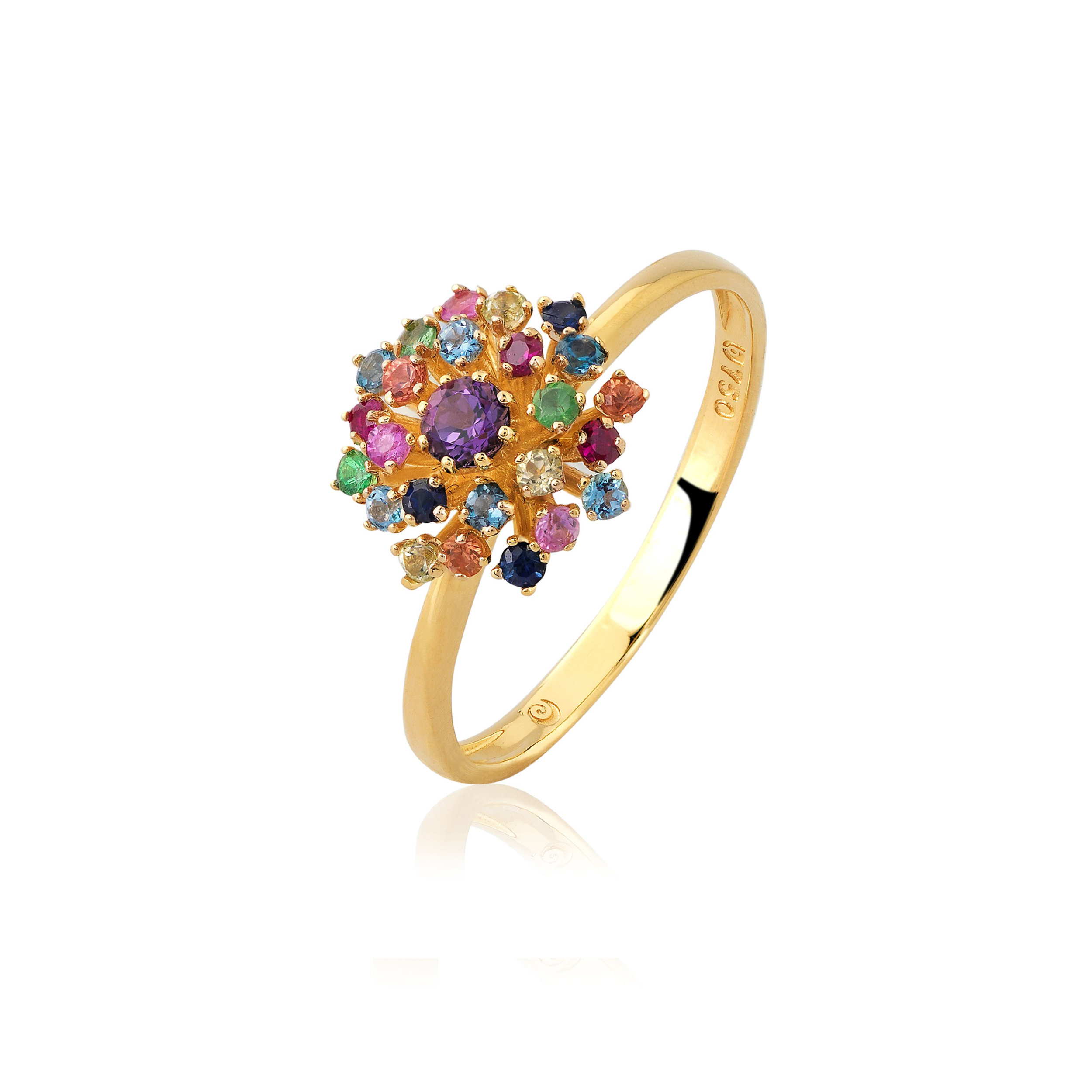 ANEL BUQUE OURO AMARELO 18K COM AMET. PERID. SAF.ROSA SAF.AZUL TSAV. RUBI T.LONDON T.AZUL SAF.LARANJA