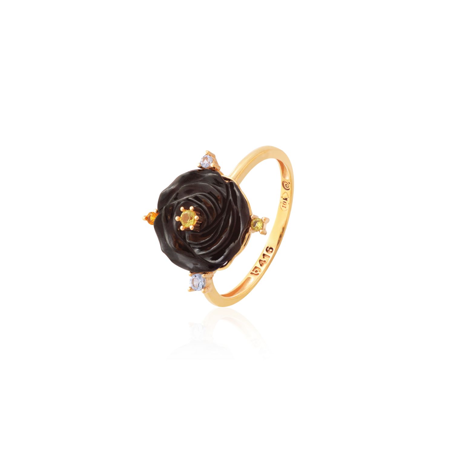 ANEL OURO AMARELO 10K FLOR JADE NEGRO COM CIT. ECO PERID. ECO TOP.AZUL ECO