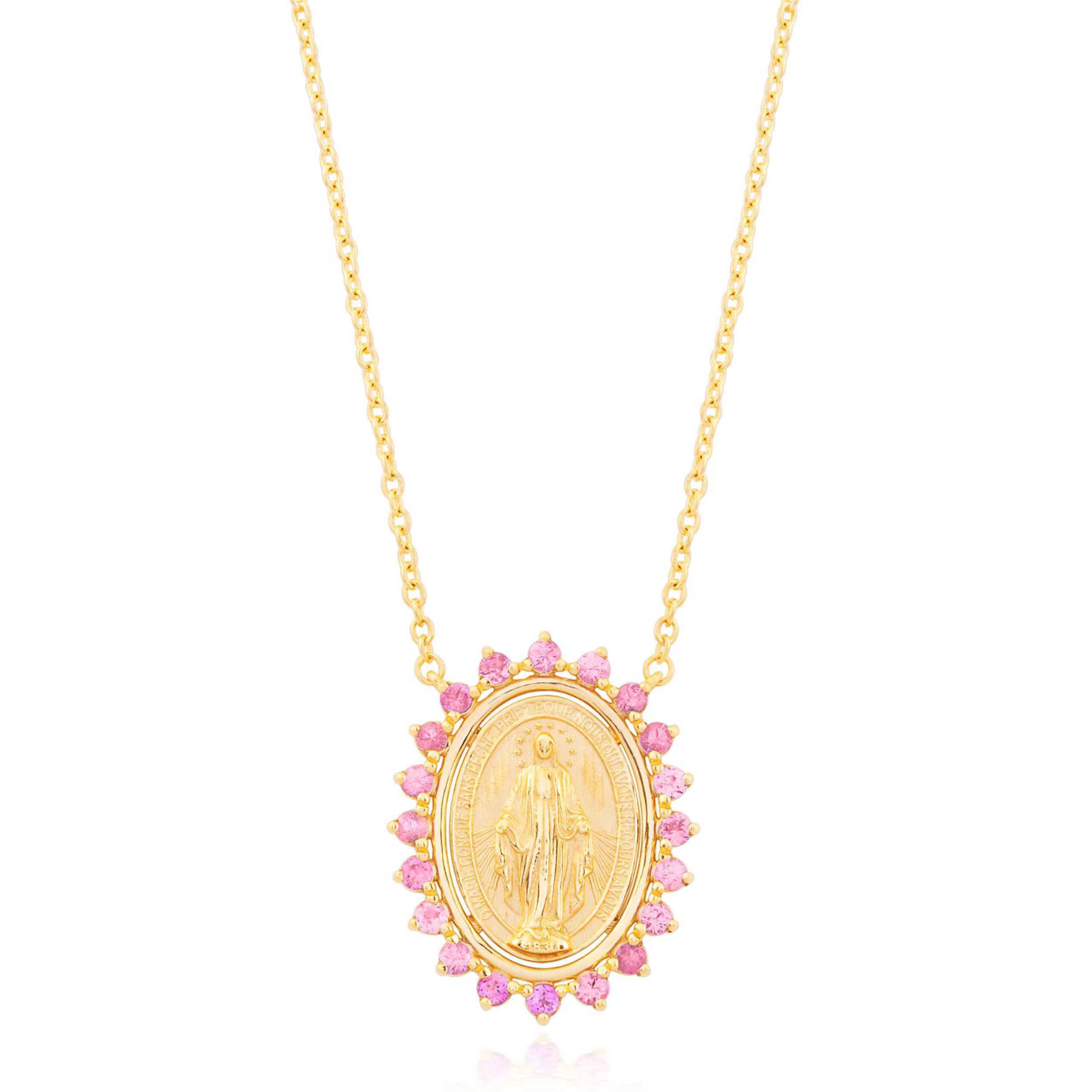 GARGANTILHA OVAL NOSSA SENHORA GRAÇAS OURO AMARELO 18K COM SAFIRA ROSA