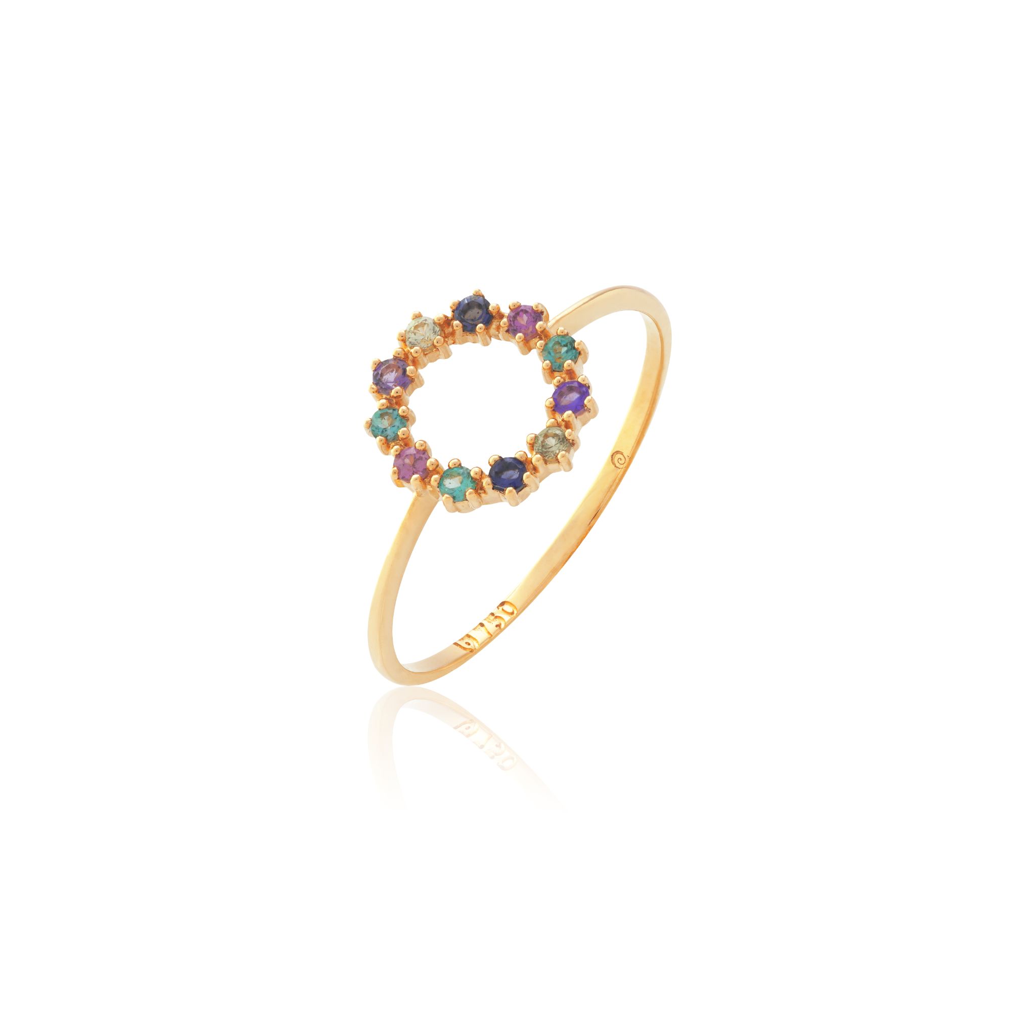 ANEL REDONDO OURO AMARELO 18K COM RODOLITA TOP. LONDON AMETISTA SAF. VERDE IOLITA