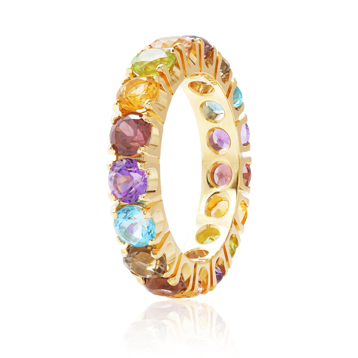 ALIANÇA INTEIRA 4MM OURO AMARELO 18K COM T.PESSEGO RODOLITA Q.FUME T.AZUL AMETISTA CITRINO PERIDOTO