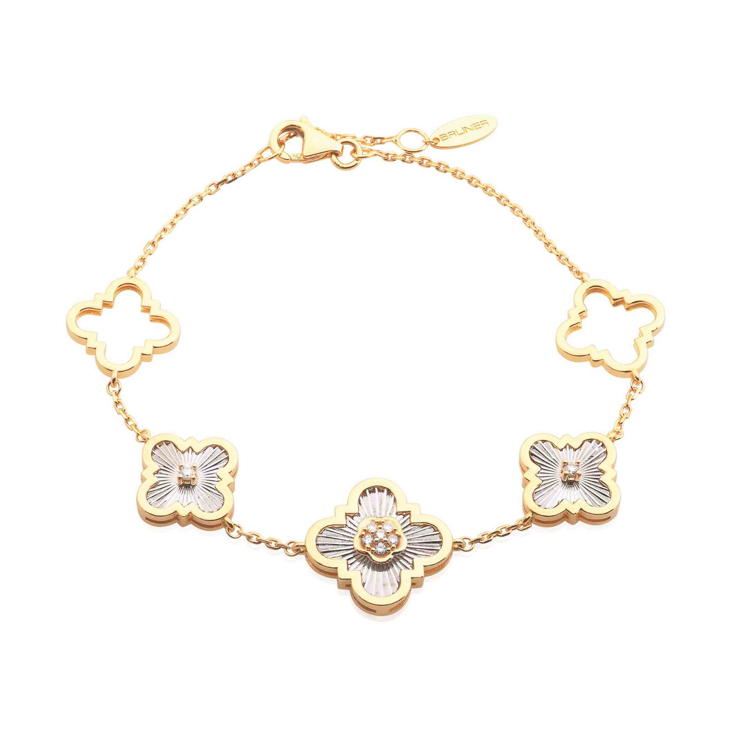 PULSEIRA TREVO OURO AMARELO E OURO BRANCO 18K COM BRILHANTE