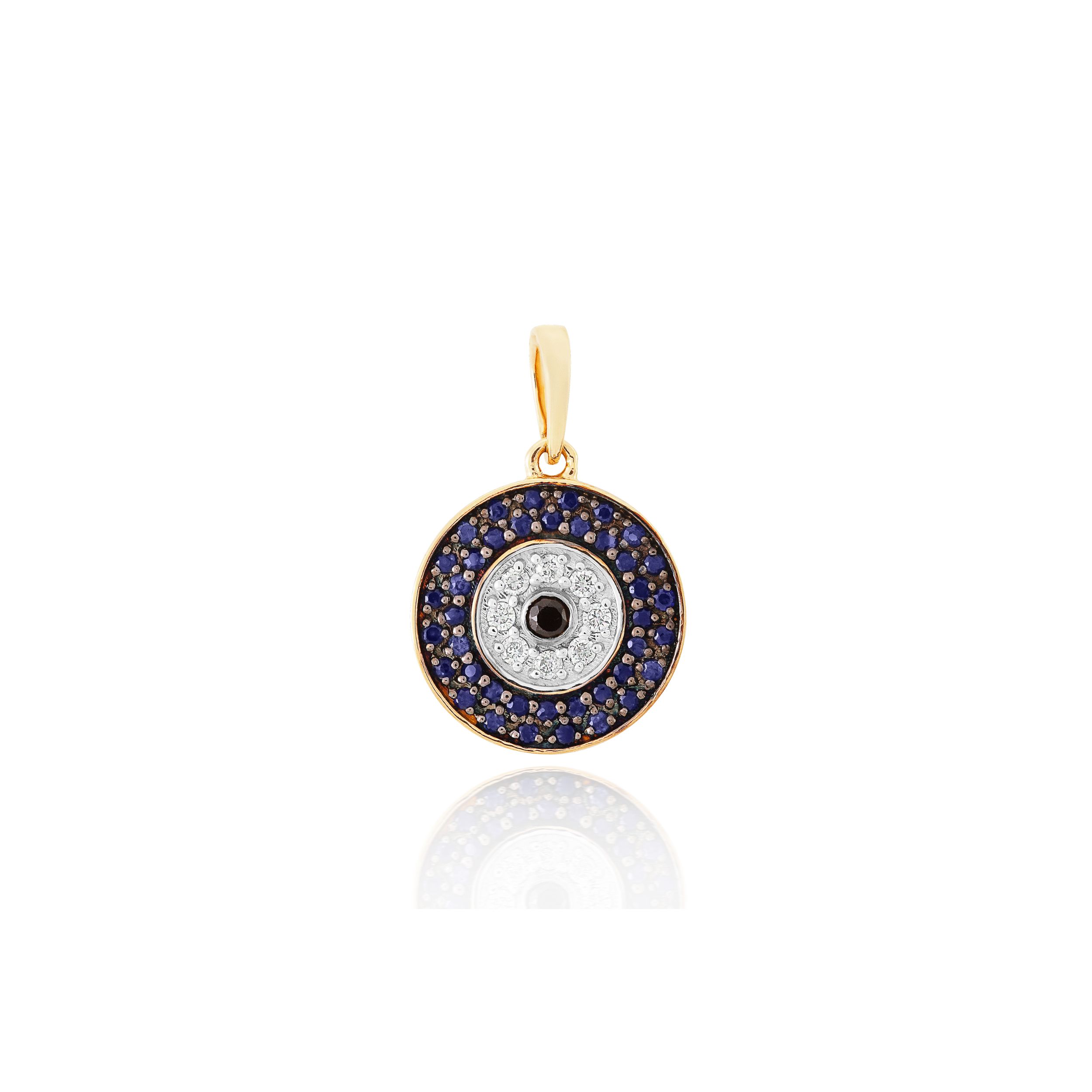 PINGENTE OLHO GREGO OURO AMARELO 18K COM BRILHANTE SAFIRA AZUL E ESPINELIO