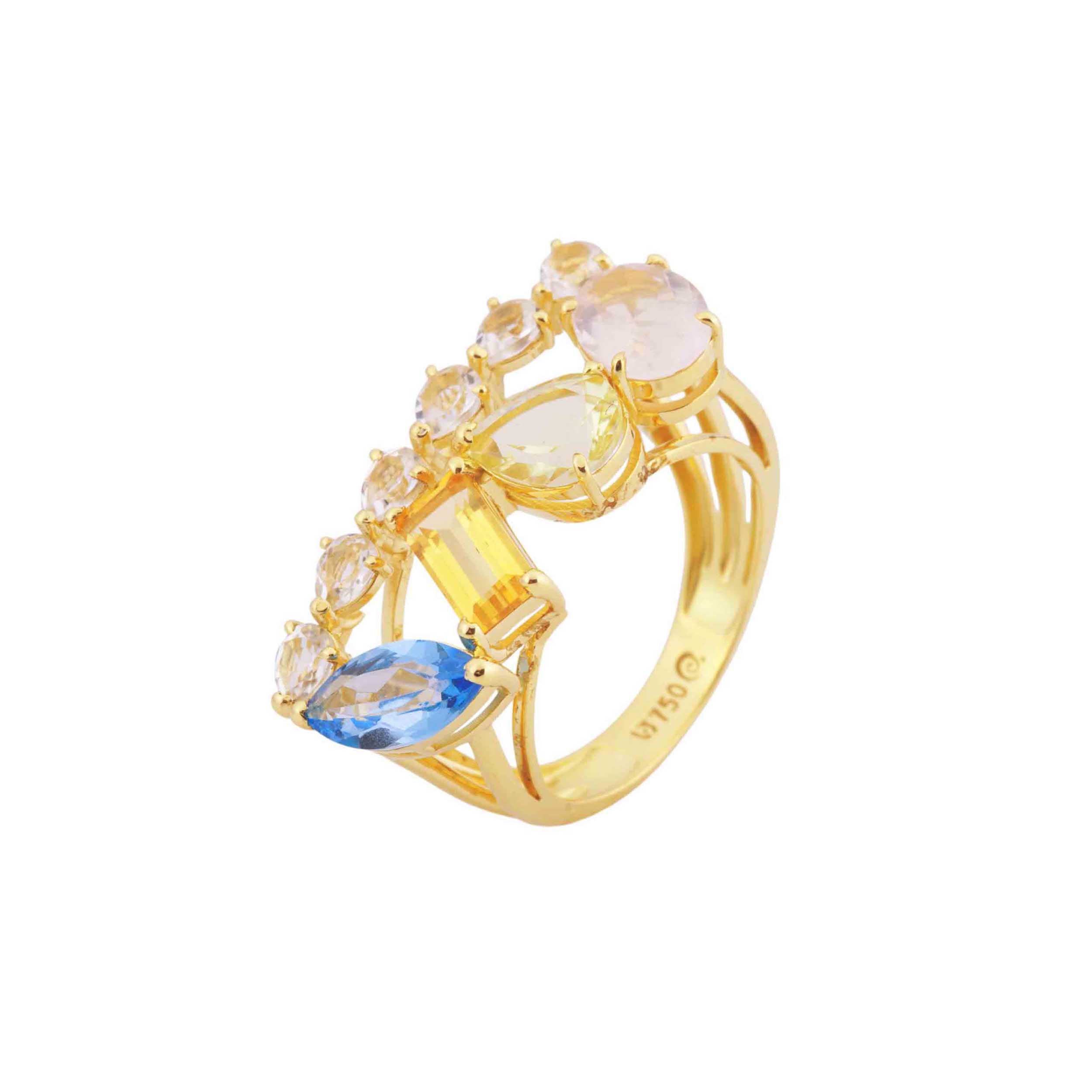ANEL OURO AMARELO 18K COM TOP.BRANCO TOP.AZUL CITRINO GREEN GOLD E Q.ROSA